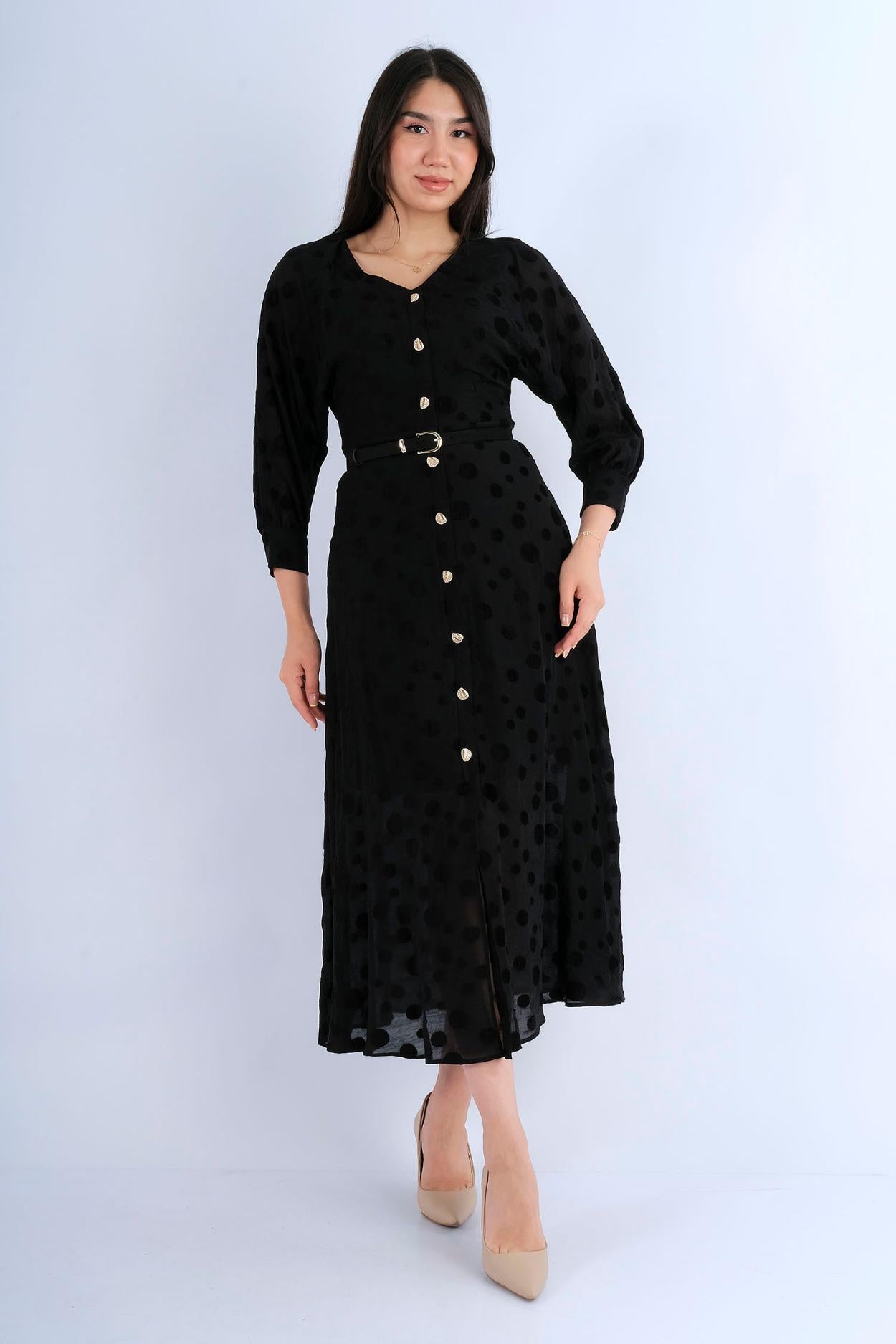 Robe midi chemisier micro-pois noire ceinturée - vue arrière