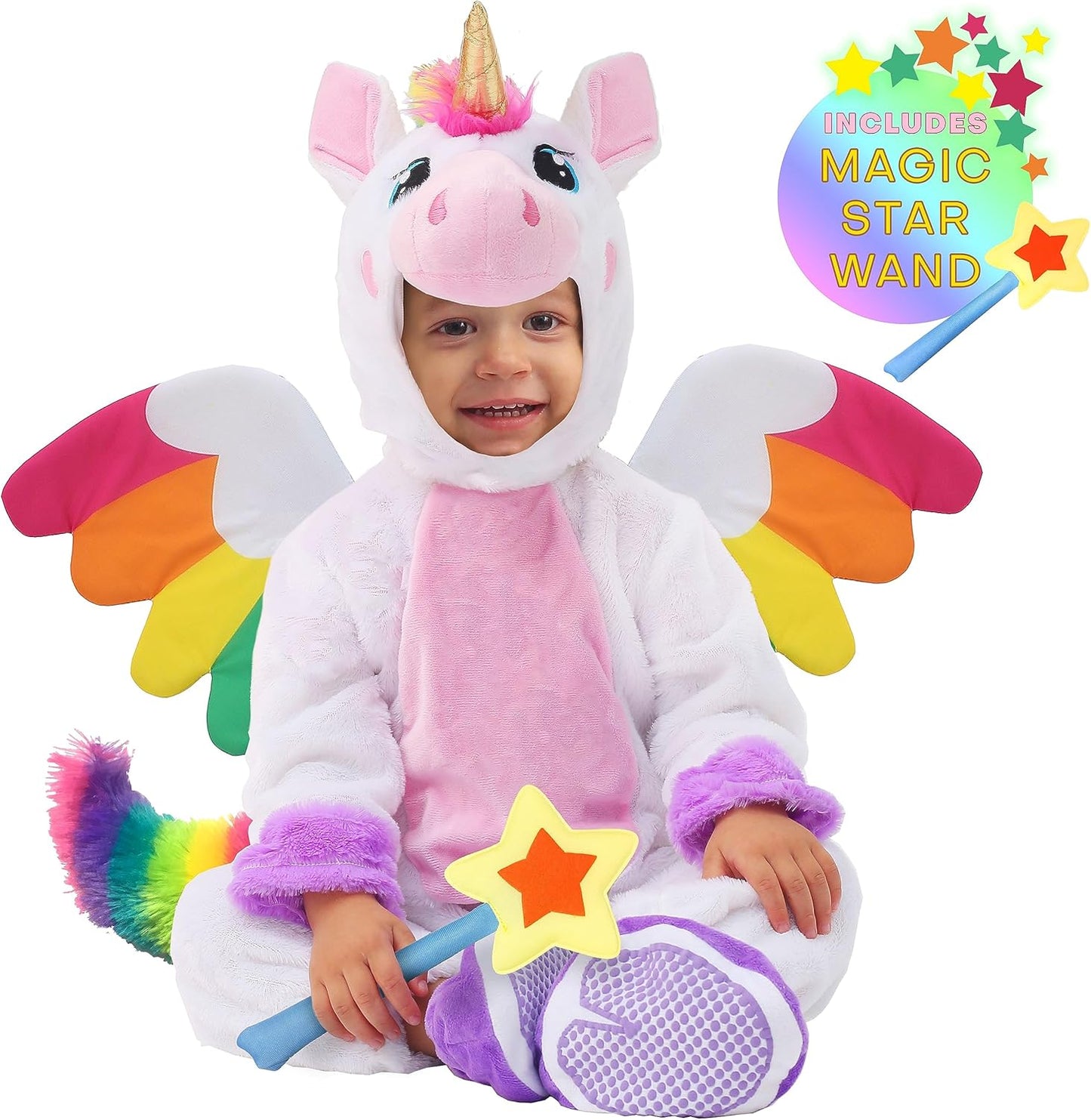 Unicorn Costume, Jumpsuit with Wings and Star Wand for Kids Halloween Dress up Party
