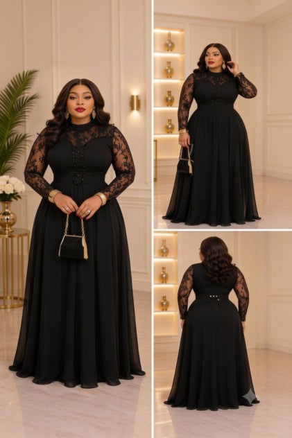 Robe Longue Col Montant Manches Dentelle Jupe Fluide