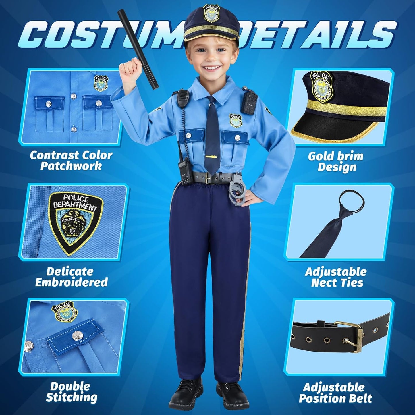Police Costume for Kids, Kids Police Officer Costume for Boys with Police Accessories, Halloween Costumes for Boys Girls 3-12