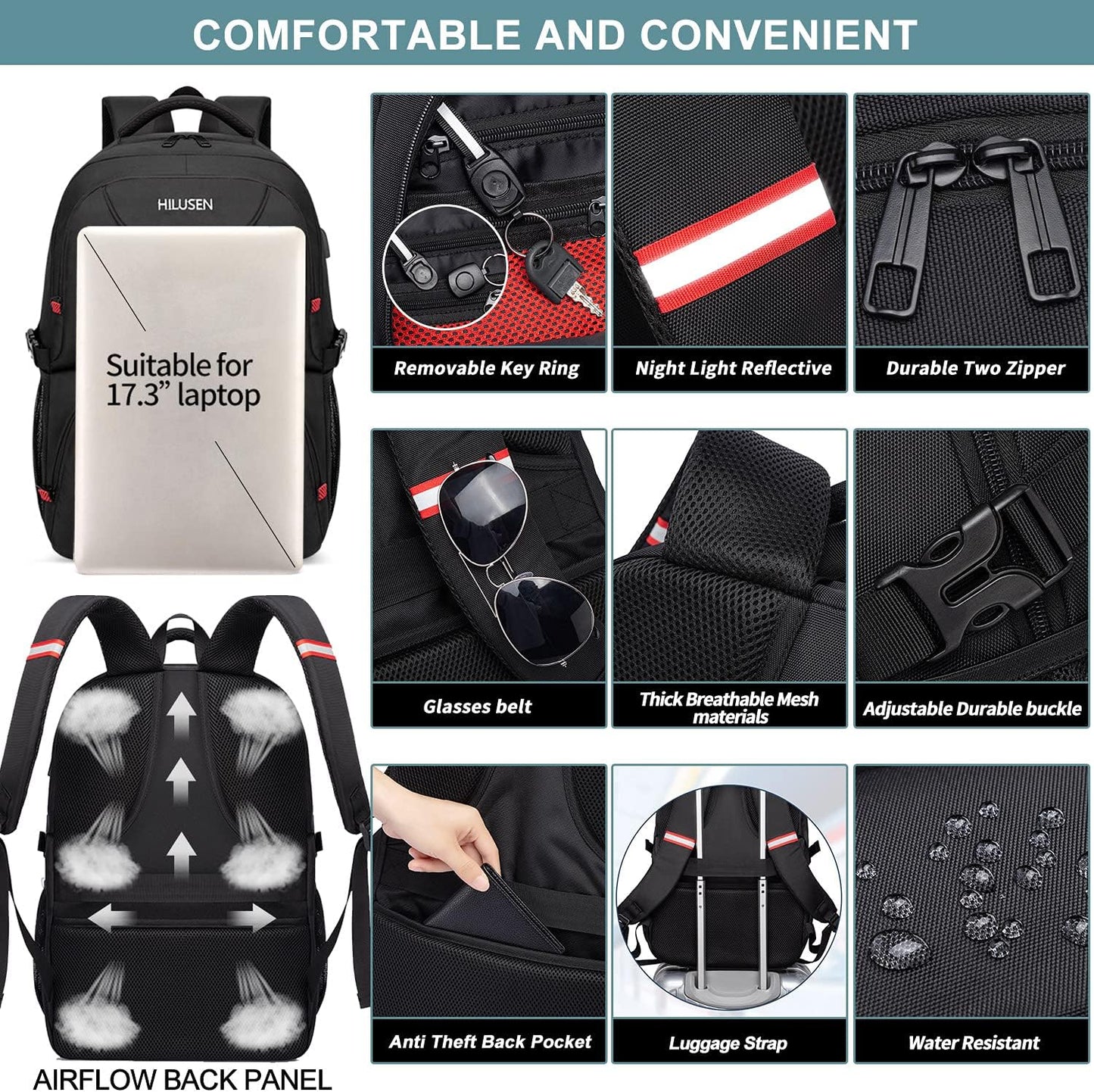 Extra Large Travel Laptop Backpack 50L,Lunch Backpack Business Work Backpack for Men Women with USB Charging Port,Water Resistant TSA Friendly Big 17.3 Inch Computer Bag College School Bookbags Black