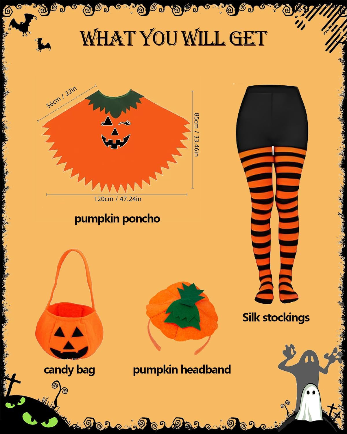 Pumpkin Costume Women,4Pcs Pumpkin Poncho with Headband and Candy Bag for Halloween Costume (Orange, Adult)