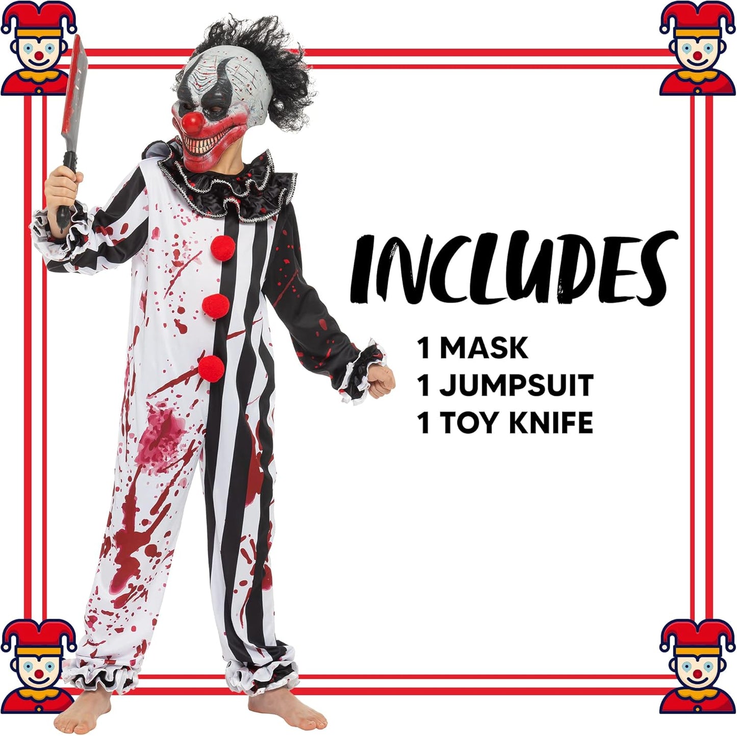 Halloween Boy Bleeding Killer Clown Costume, Horror Slasher Clown Costume