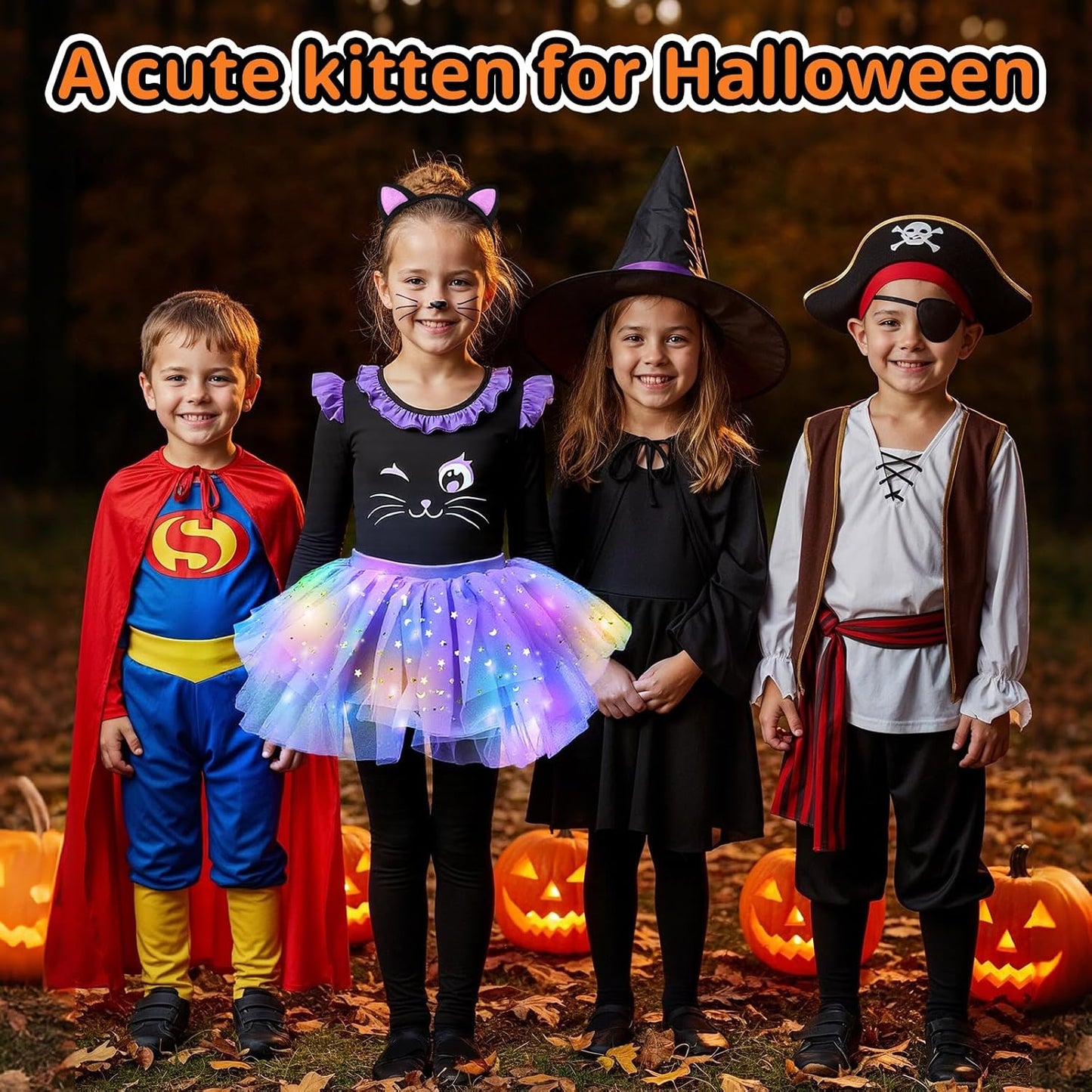Cat Costume for Girls, Light up Black Cat Costume, Halloween Animal Dress up Costumes for Kids Age 3-9