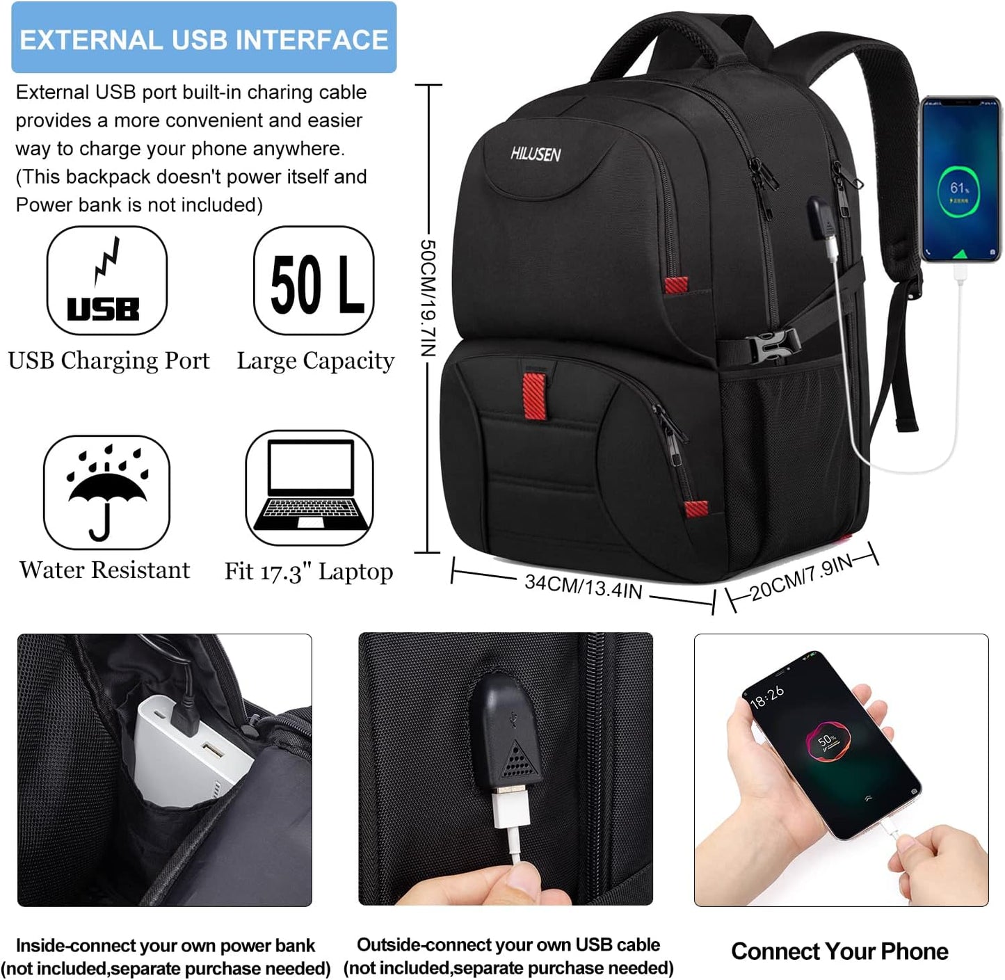 Extra Large Travel Laptop Backpack 50L,Lunch Backpack Business Work Backpack for Men Women with USB Charging Port,Water Resistant TSA Friendly Big 17.3 Inch Computer Bag College School Bookbags Black