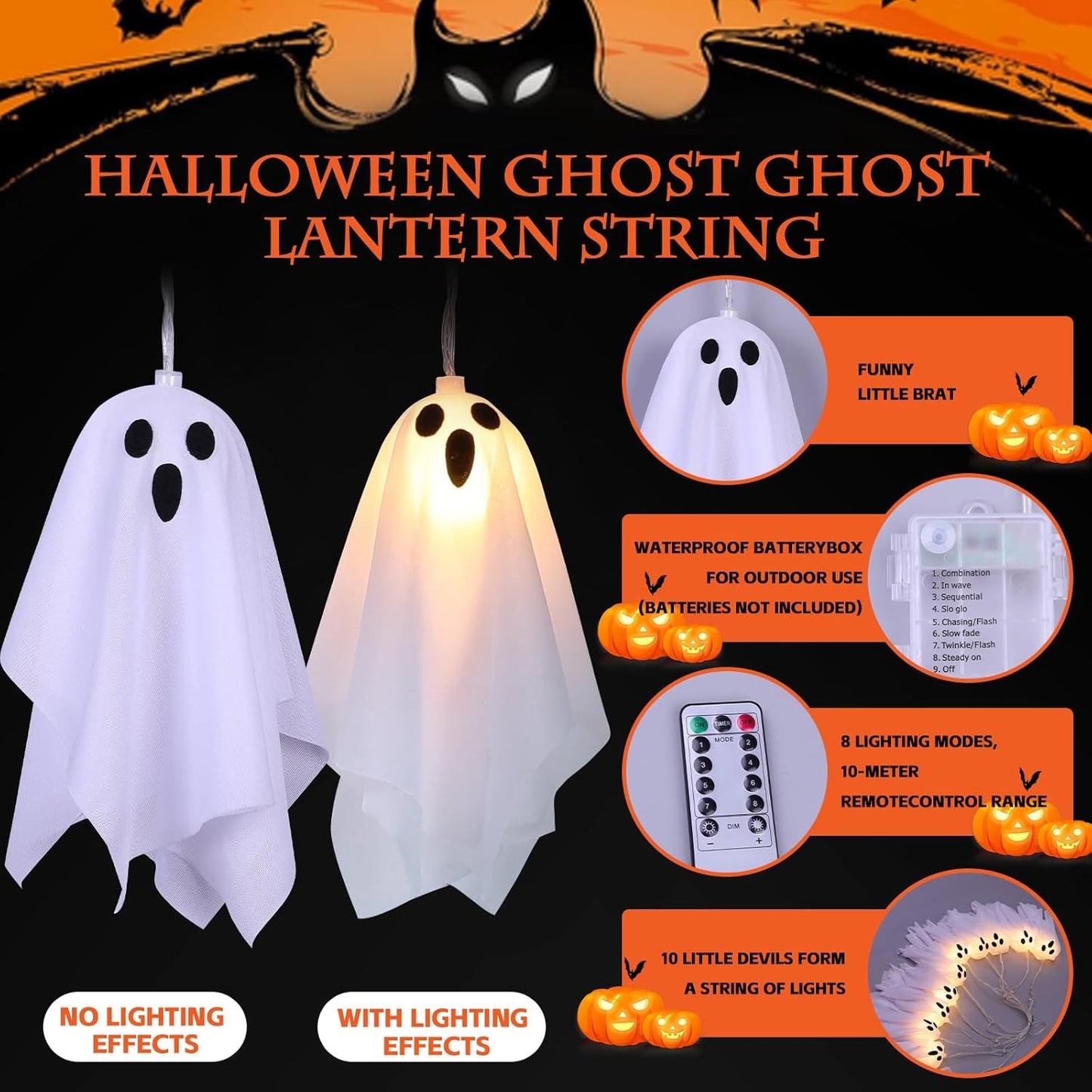 10 LED Ghost Battery Operated Halloween Lights String, 8 Modes Light up Ghost Decorations, Scary Halloween Decorations Indoor Outdoor for Party, Haunted House, Fireplace, Porch