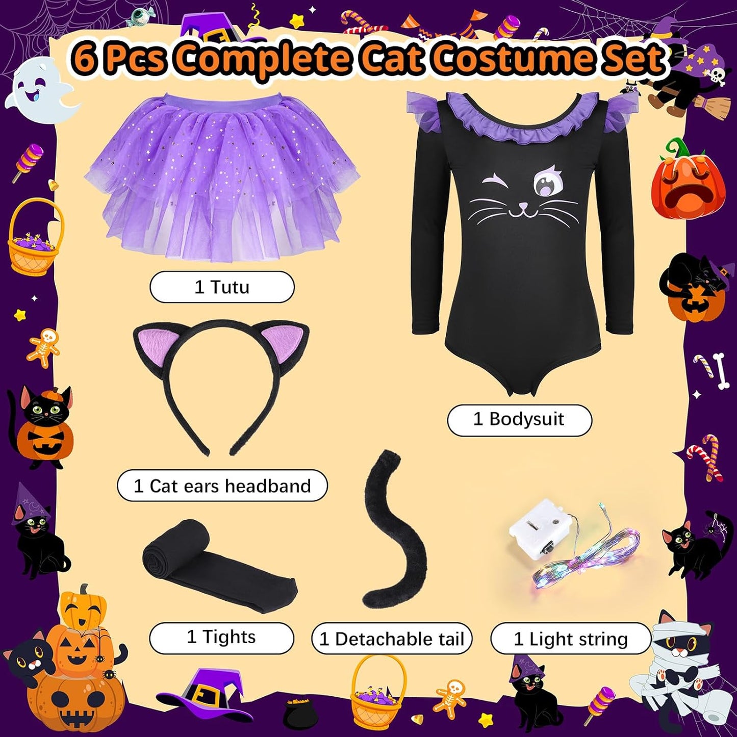 Cat Costume for Girls, Light up Black Cat Costume, Halloween Animal Dress up Costumes for Kids Age 3-9