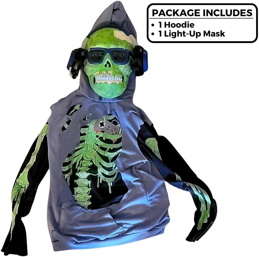 Zombie Gamer Glow in the Dark Halloween Costume for Kids, Medium (8-10), with Mask and Hoodie