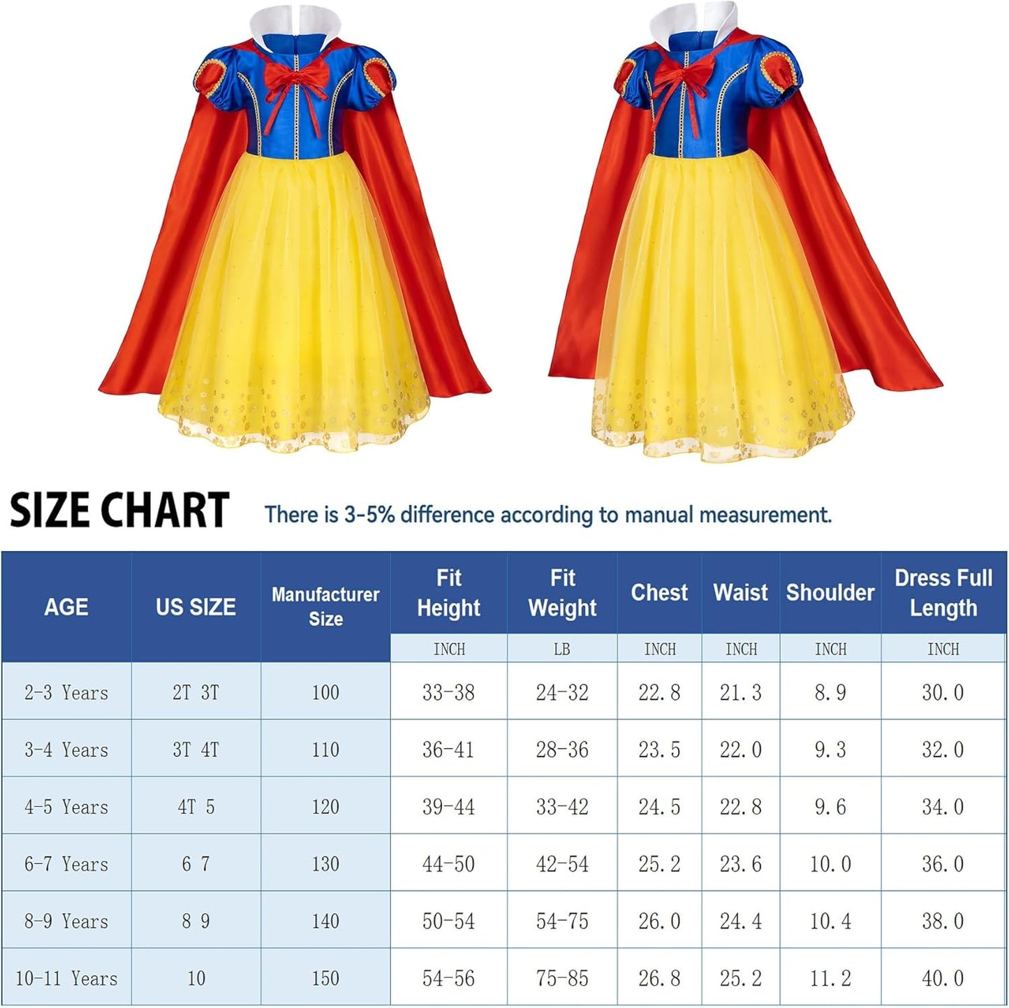 Princess Snow White Dress Costume for Toddler Girls Birthday Halloween Cosplay Party with Accessories 2-11 Years