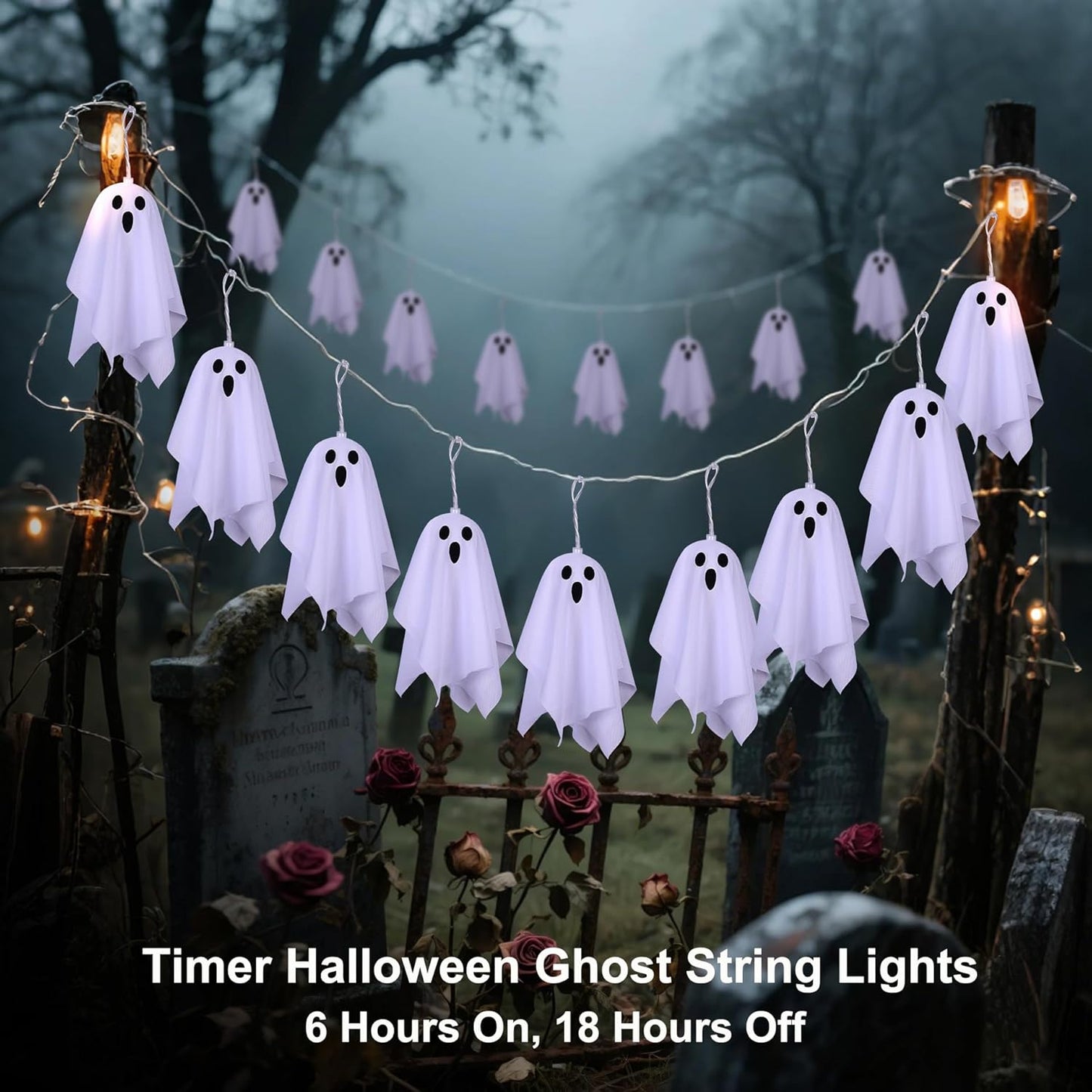 10 LED Ghost Battery Operated Halloween Lights String, 8 Modes Light up Ghost Decorations, Scary Halloween Decorations Indoor Outdoor for Party, Haunted House, Fireplace, Porch