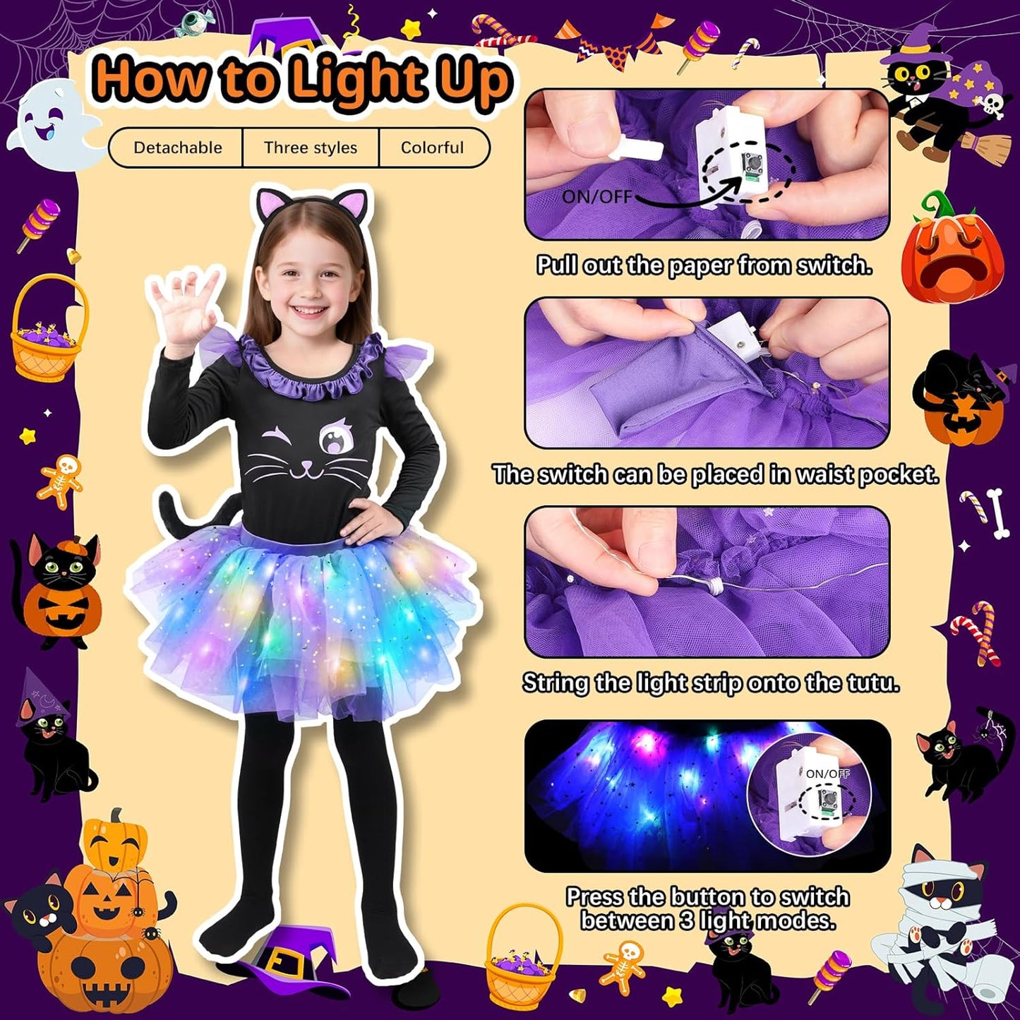 Cat Costume for Girls, Light up Black Cat Costume, Halloween Animal Dress up Costumes for Kids Age 3-9
