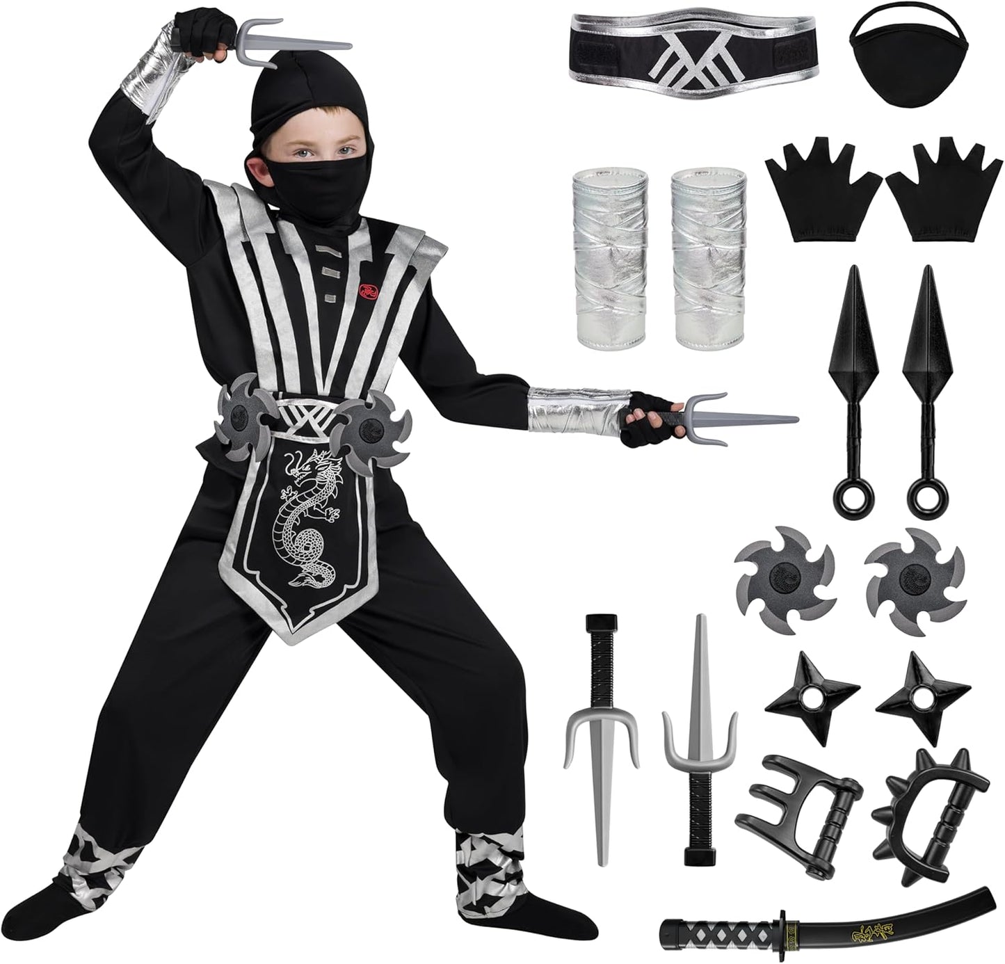Ninja Deluxe Costume Set with Foam Accessories Toys for Kids Kung Fu Outfit Halloween