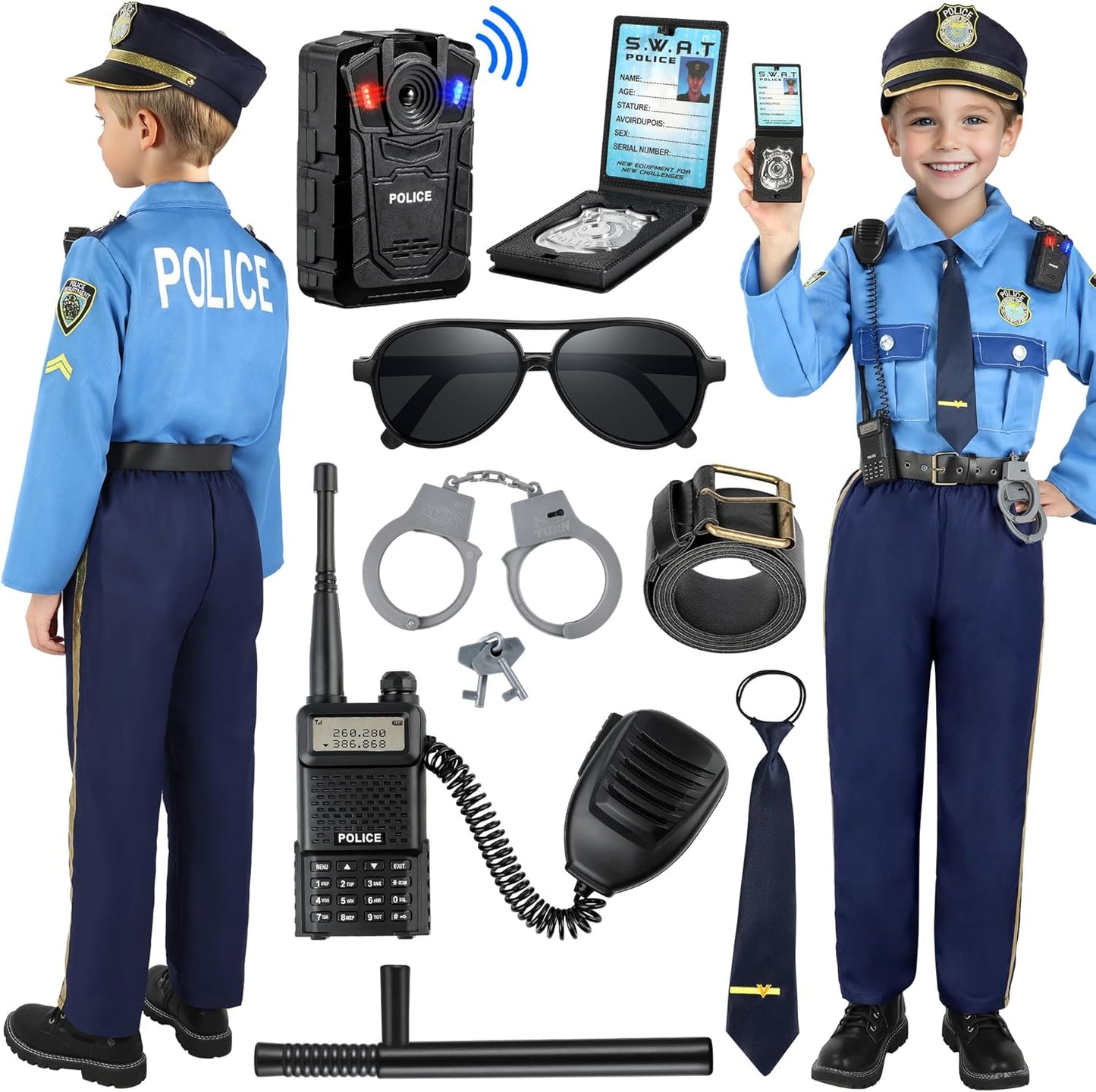 Police Costume for Kids, Kids Police Officer Costume for Boys with Police Accessories, Halloween Costumes for Boys Girls 3-12