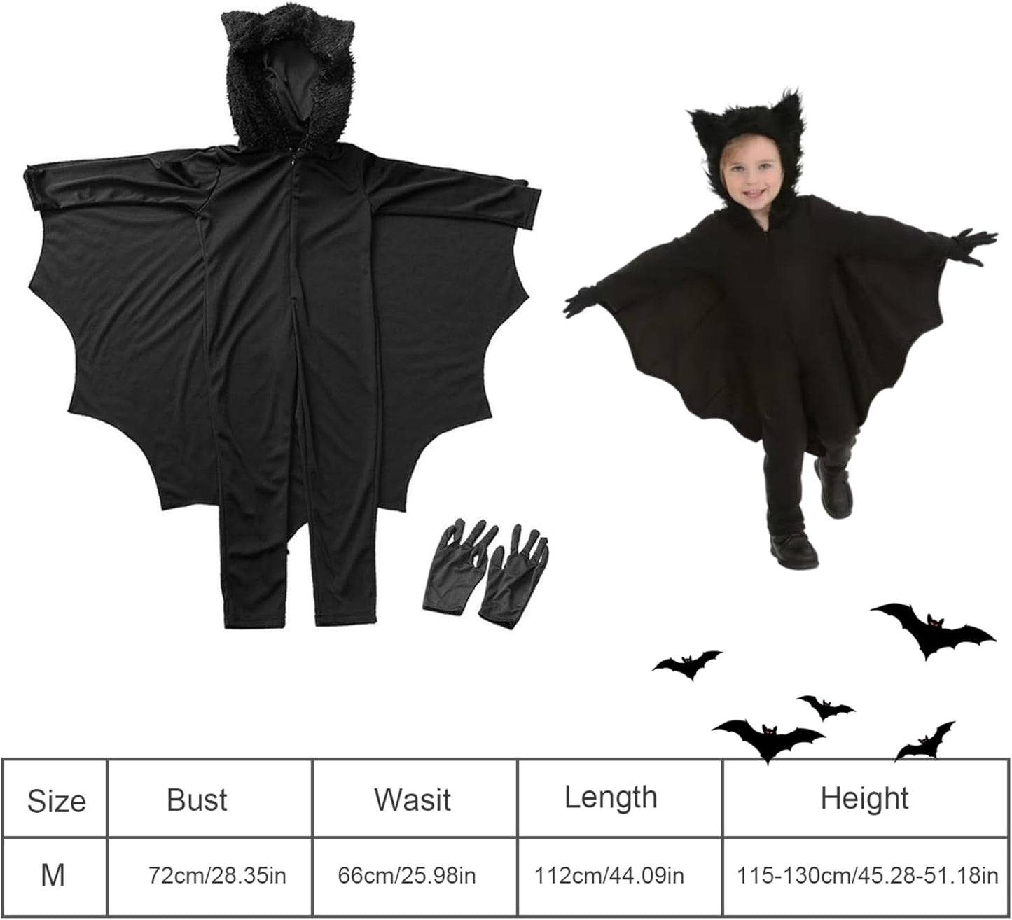 Halloween Costume Bat Costume for Kids 5-6 Years Old Costume Kids Hooded Bat Breathable Integrated Zipper Halloween Costumes