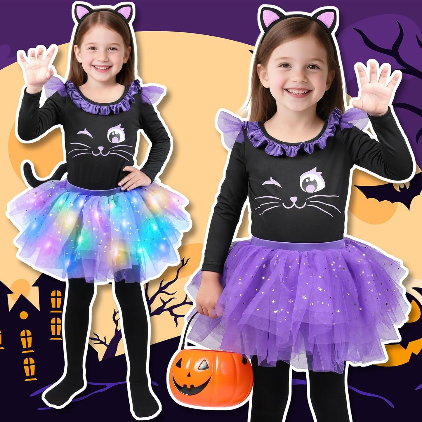 Cat Costume for Girls, Light up Black Cat Costume, Halloween Animal Dress up Costumes for Kids Age 3-9