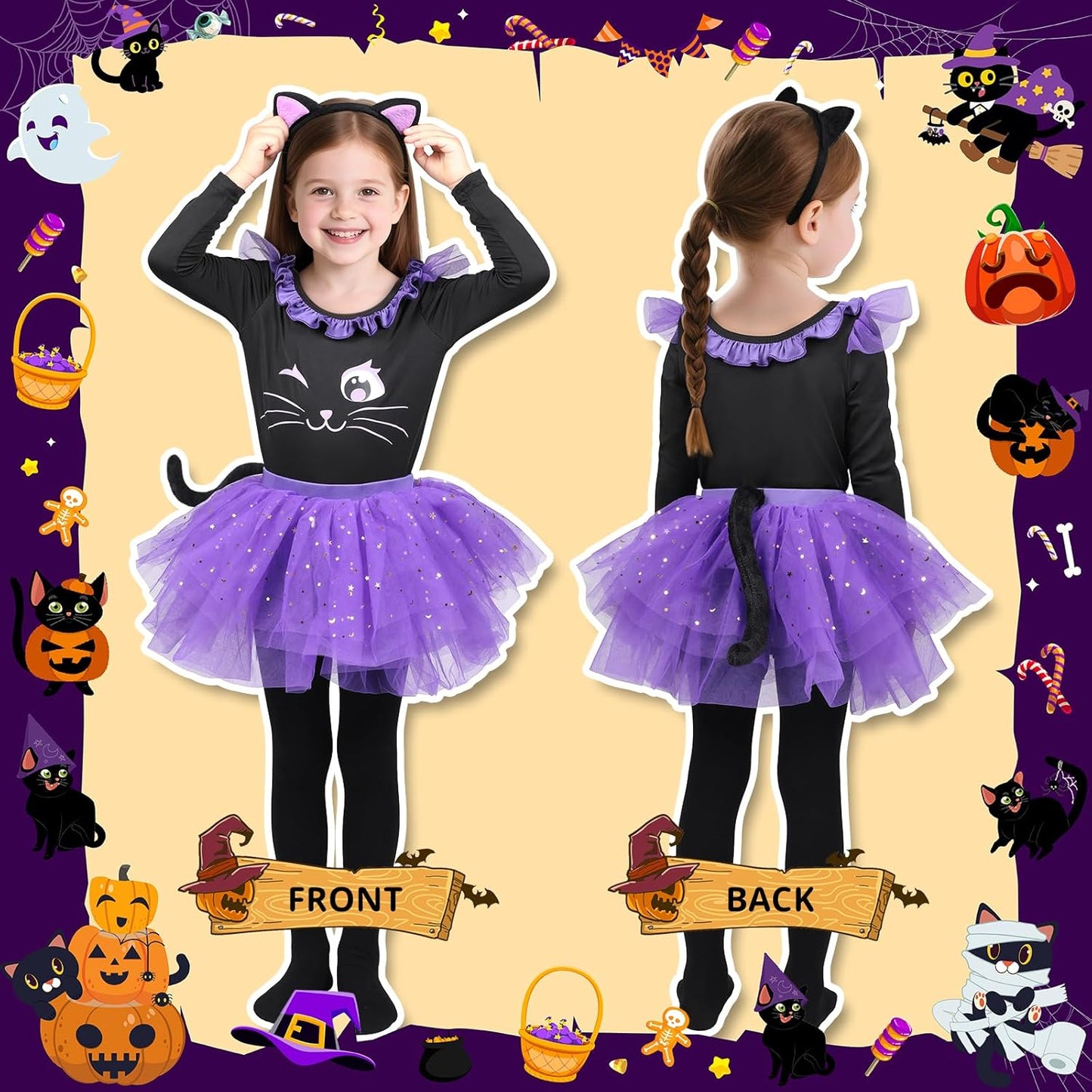 Cat Costume for Girls, Light up Black Cat Costume, Halloween Animal Dress up Costumes for Kids Age 3-9