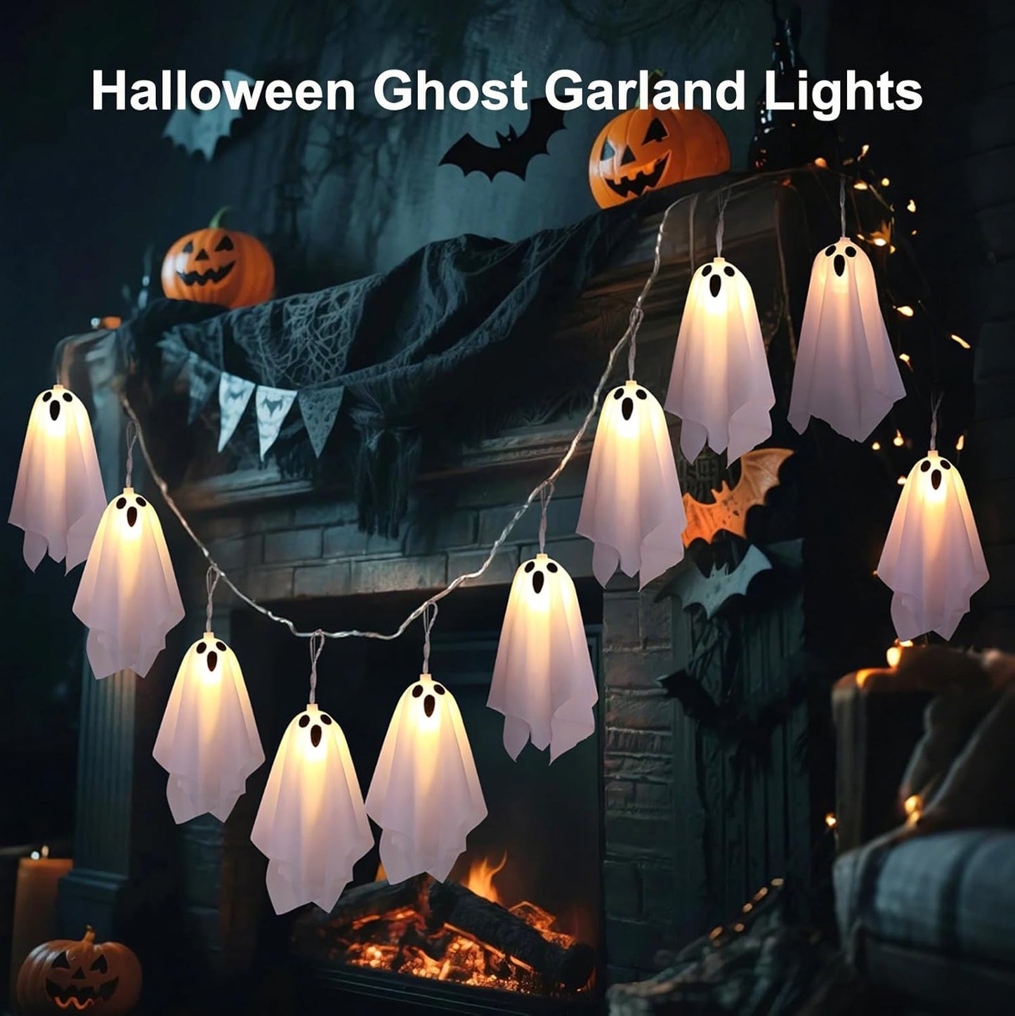 10 LED Ghost Battery Operated Halloween Lights String, 8 Modes Light up Ghost Decorations, Scary Halloween Decorations Indoor Outdoor for Party, Haunted House, Fireplace, Porch