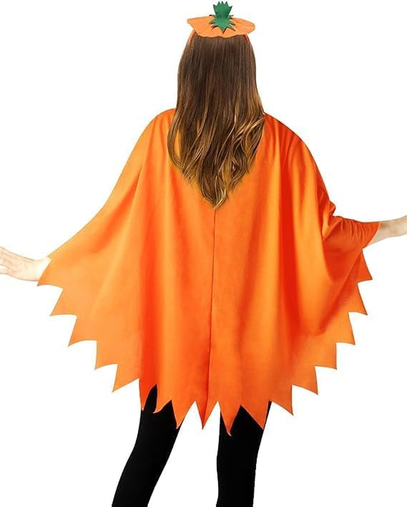 Pumpkin Costume Women,4Pcs Pumpkin Poncho with Headband and Candy Bag for Halloween Costume (Orange, Adult)
