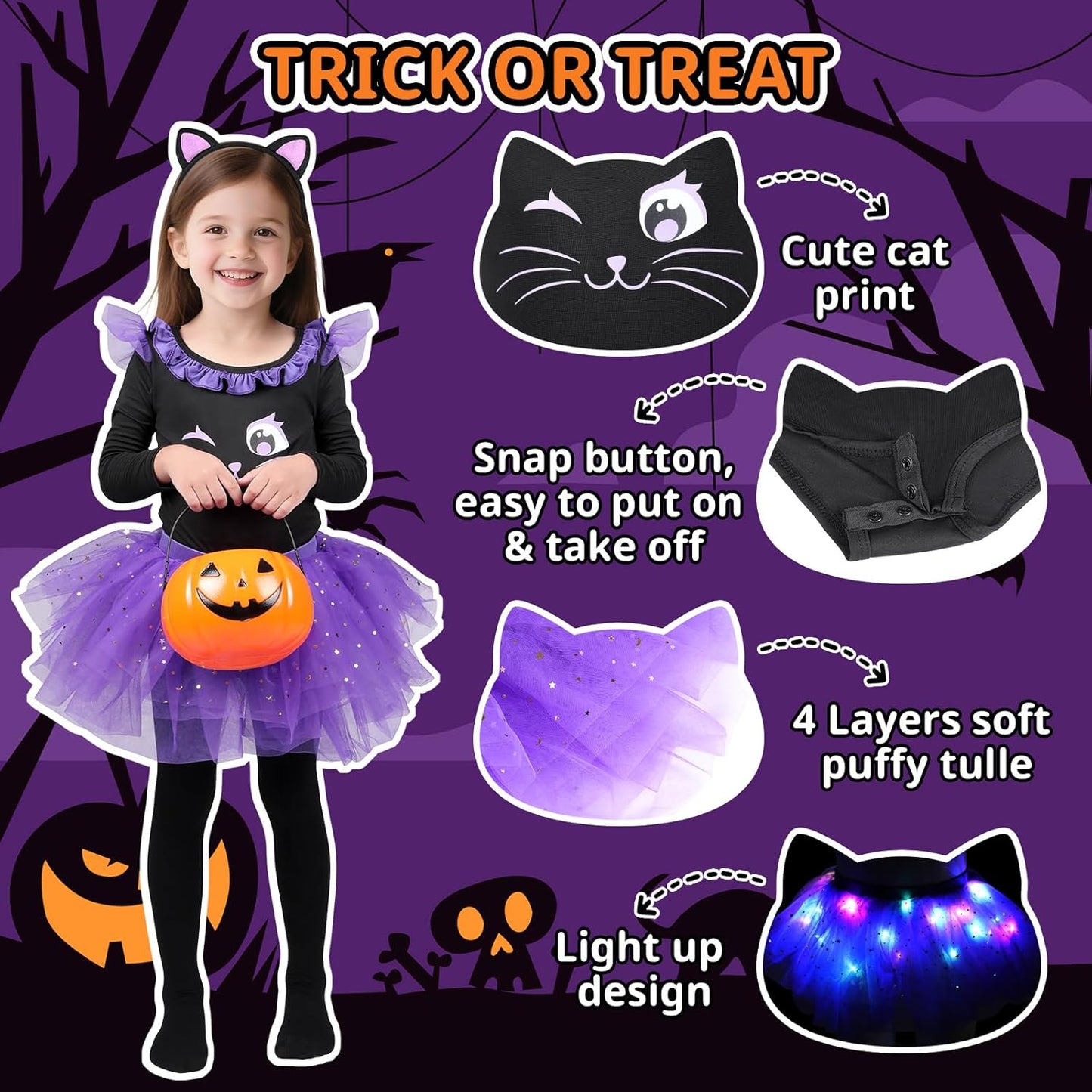 Cat Costume for Girls, Light up Black Cat Costume, Halloween Animal Dress up Costumes for Kids Age 3-9