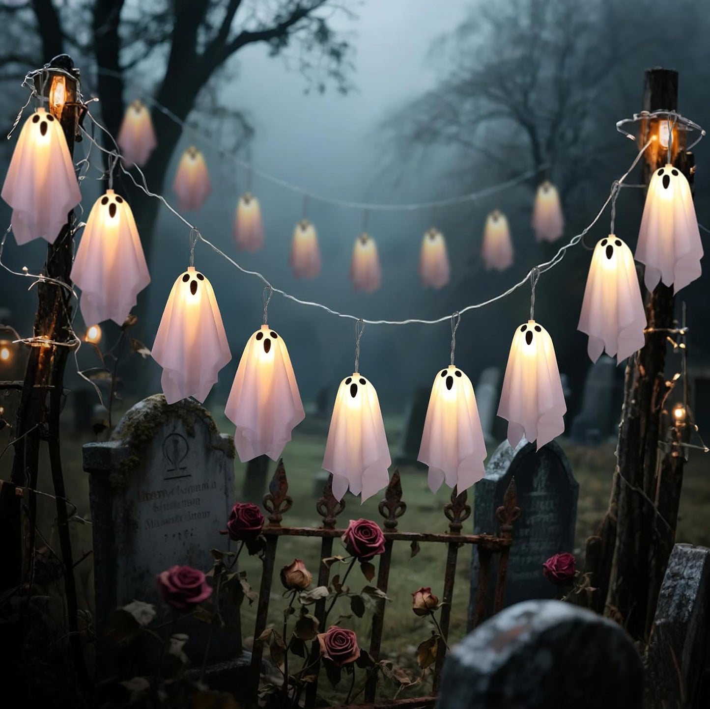10 LED Ghost Battery Operated Halloween Lights String, 8 Modes Light up Ghost Decorations, Scary Halloween Decorations Indoor Outdoor for Party, Haunted House, Fireplace, Porch