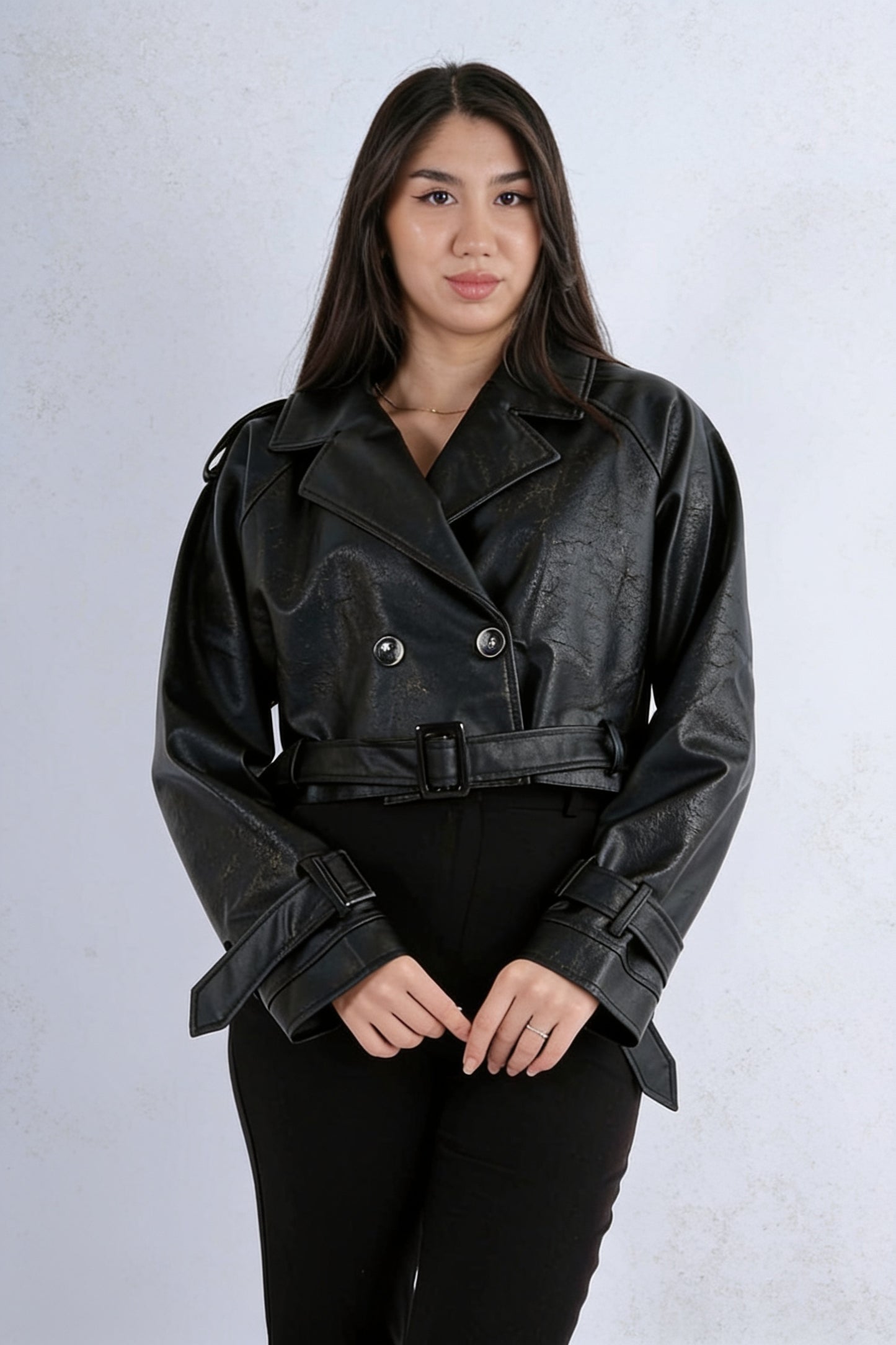 Veste Courte Cuir Synthétique Double Boutonnage Col Revers Ceinture