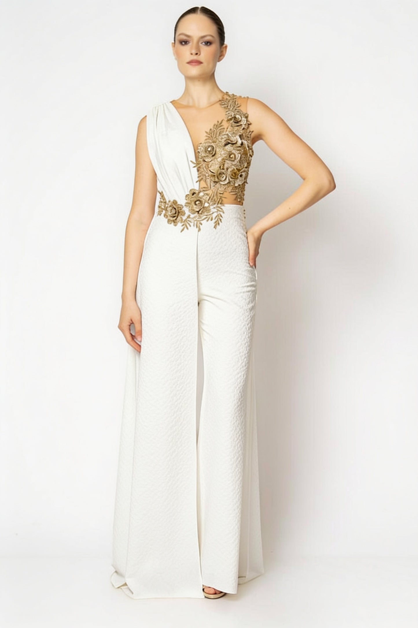 Combinaison pantalon large une épaule bustier brodé fleurs dorées 3D - vue 6