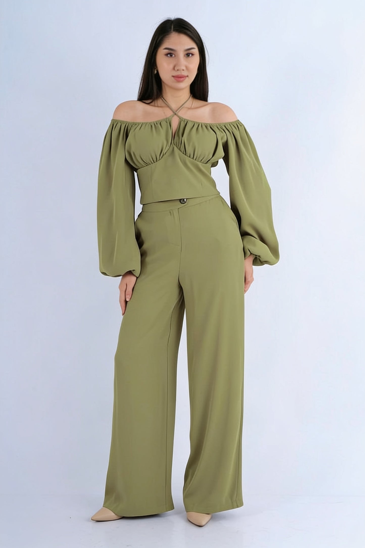 Ensemble 2 Pièces Top Bustier Off-Shoulder Manches Bouffantes et Pantalon Large