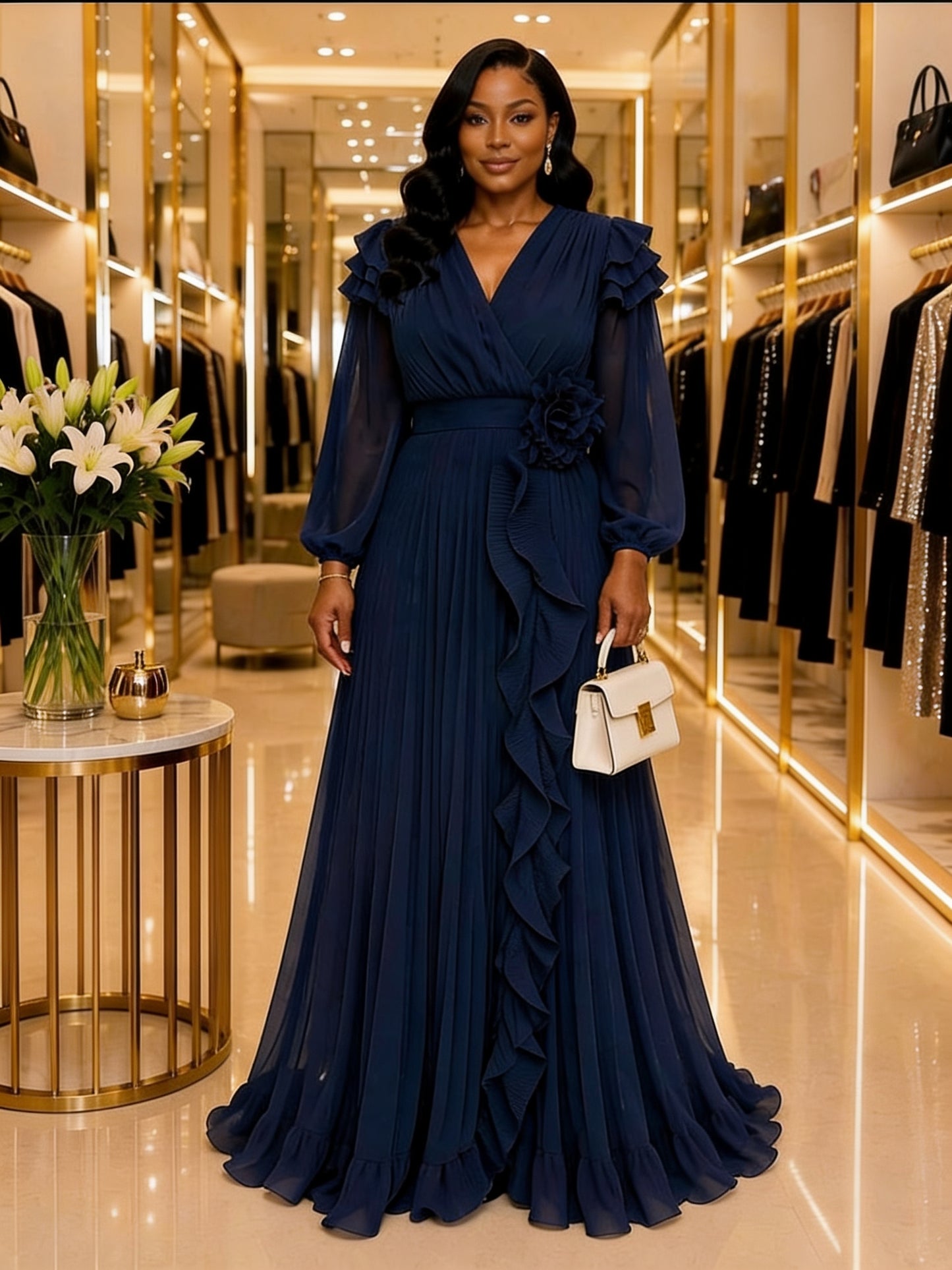 Robe Longue Col V Croisé Manches Bouffantes Jupe Plissée Volants Broche Florale