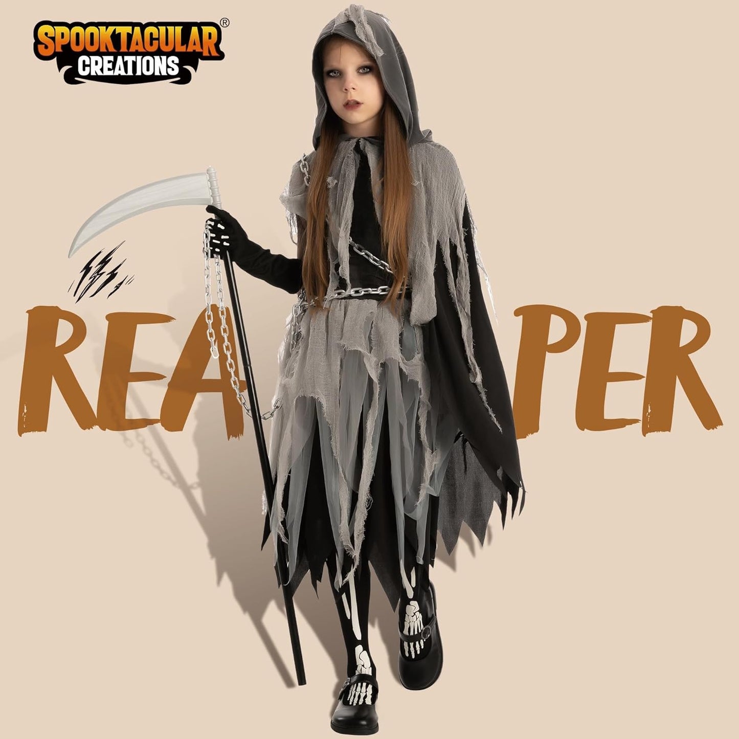 Girl Grim Reaper Costume with Gloves and Tights Glow in the Dark, Scary Halloween Costume