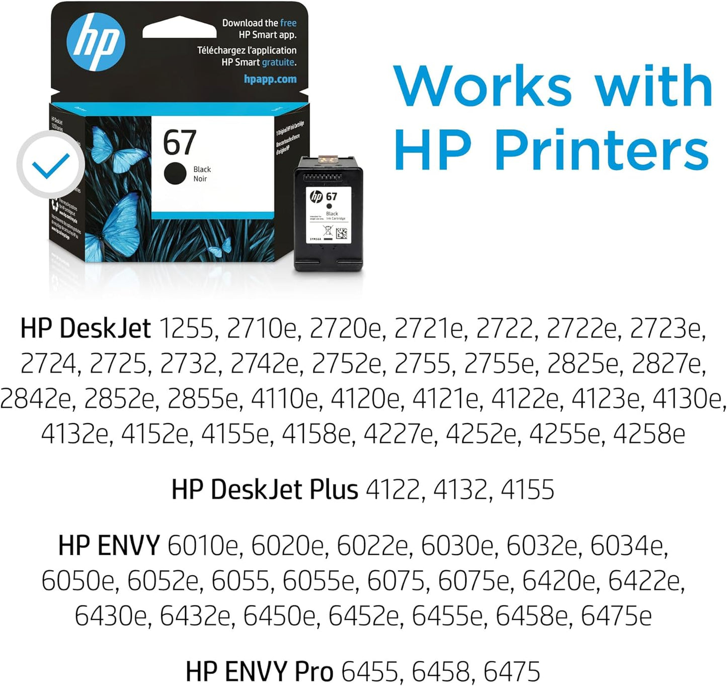 Original 67 Black Ink Cartridge | Works with Deskjet 1255, 2700, 4100 Series, Envy 6000, 6400 Series | Eligible for Instant Ink | 3YM56AN