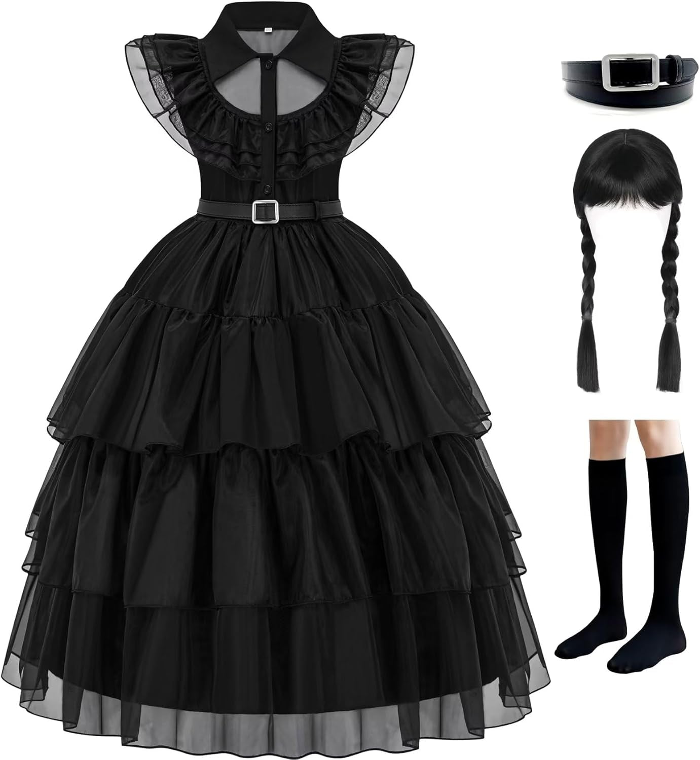 Girls Black Dress up Kids Family Costumes School Rave Halloween Cosplay Party Outfit with Wig Socks Belt