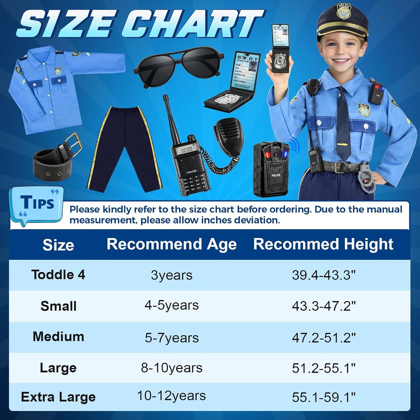 Police Costume for Kids, Kids Police Officer Costume for Boys with Police Accessories, Halloween Costumes for Boys Girls 3-12