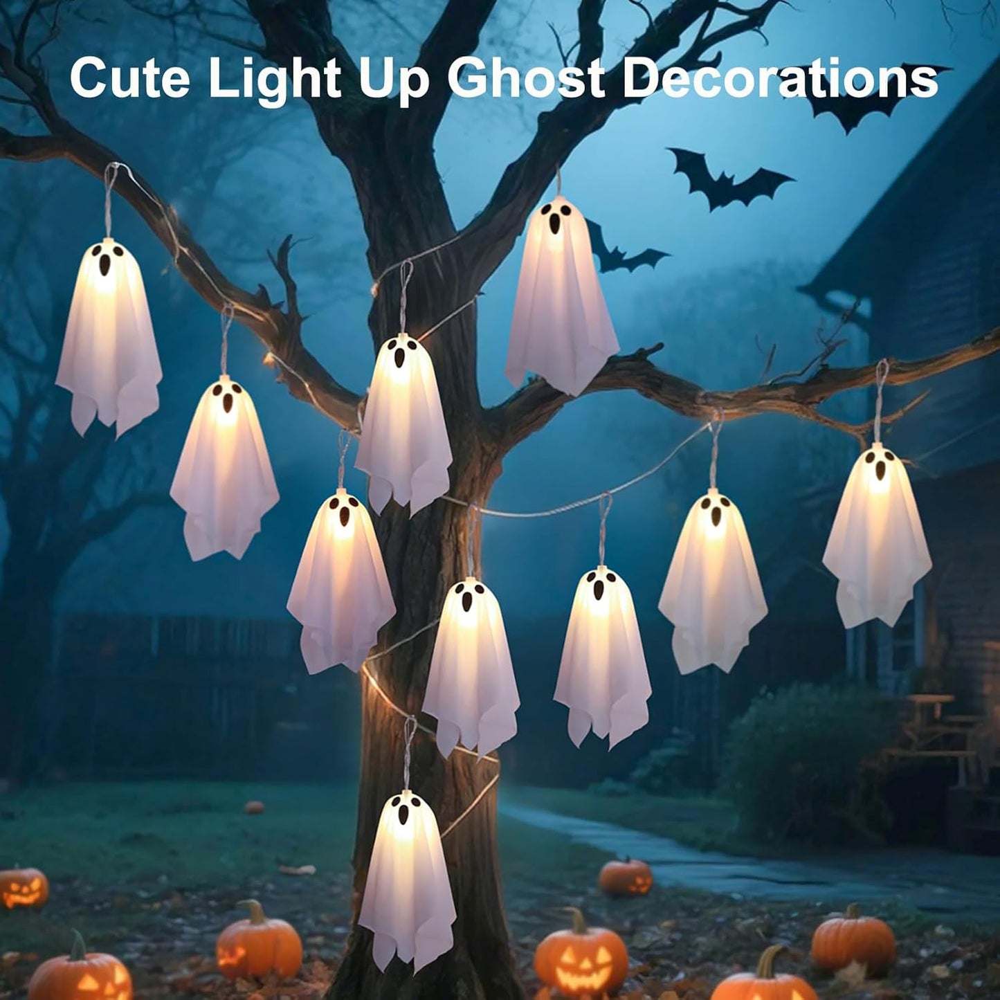10 LED Ghost Battery Operated Halloween Lights String, 8 Modes Light up Ghost Decorations, Scary Halloween Decorations Indoor Outdoor for Party, Haunted House, Fireplace, Porch