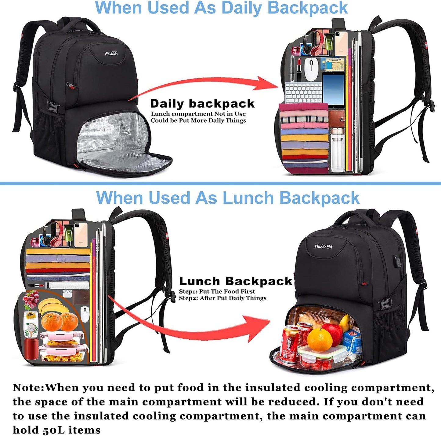 Extra Large Travel Laptop Backpack 50L,Lunch Backpack Business Work Backpack for Men Women with USB Charging Port,Water Resistant TSA Friendly Big 17.3 Inch Computer Bag College School Bookbags Black
