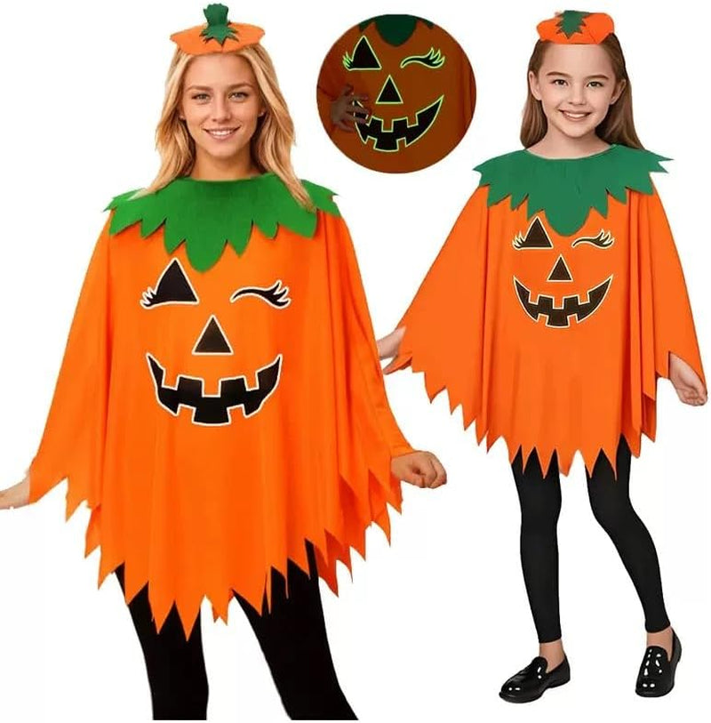 Pumpkin Costume Women,4Pcs Pumpkin Poncho with Headband and Candy Bag for Halloween Costume (Orange, Adult)
