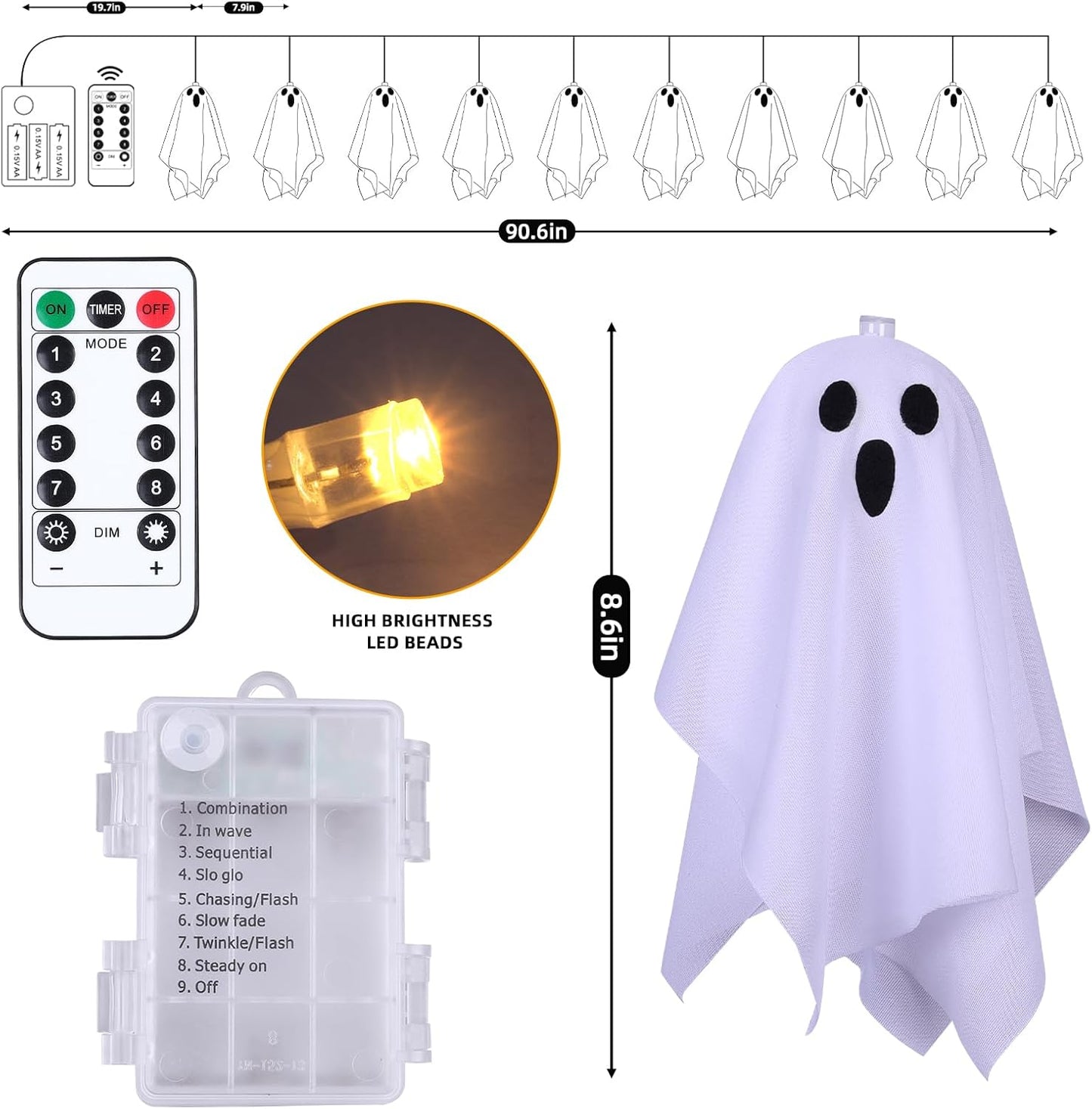 10 LED Ghost Battery Operated Halloween Lights String, 8 Modes Light up Ghost Decorations, Scary Halloween Decorations Indoor Outdoor for Party, Haunted House, Fireplace, Porch
