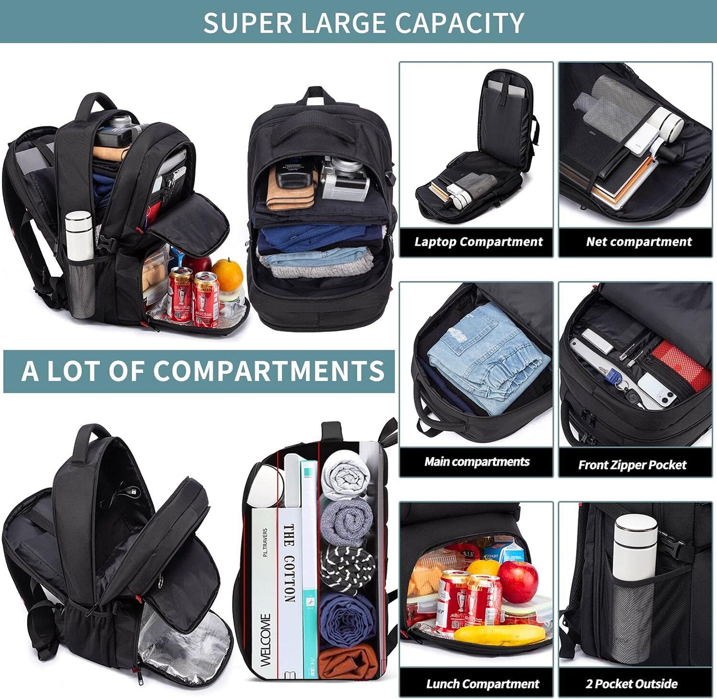 Extra Large Travel Laptop Backpack 50L,Lunch Backpack Business Work Backpack for Men Women with USB Charging Port,Water Resistant TSA Friendly Big 17.3 Inch Computer Bag College School Bookbags Black