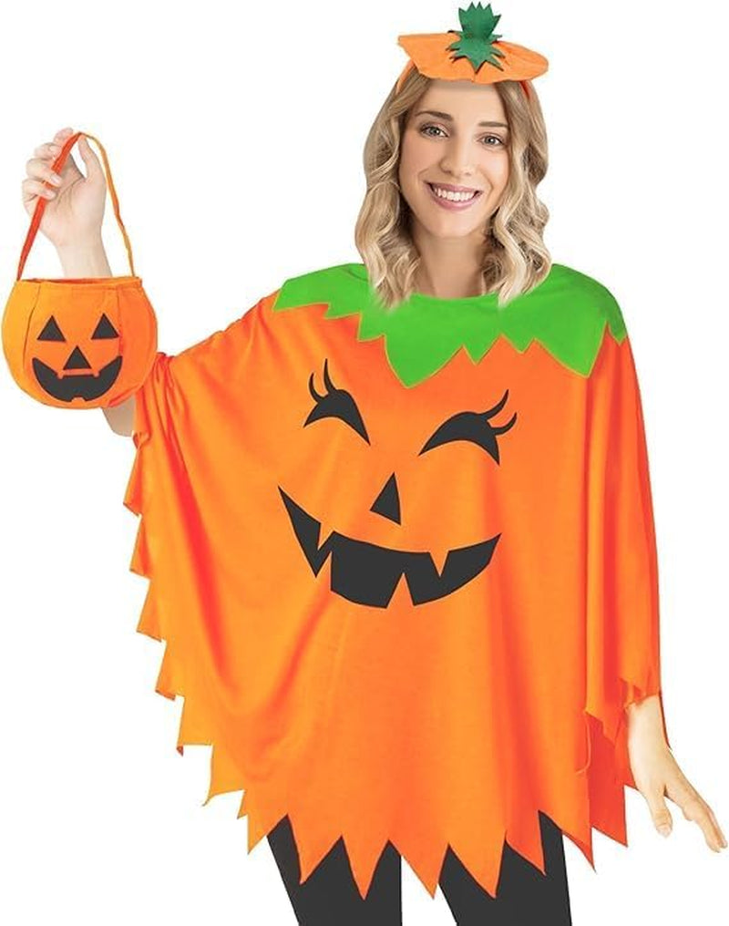 Pumpkin Costume Women,4Pcs Pumpkin Poncho with Headband and Candy Bag for Halloween Costume (Orange, Adult)
