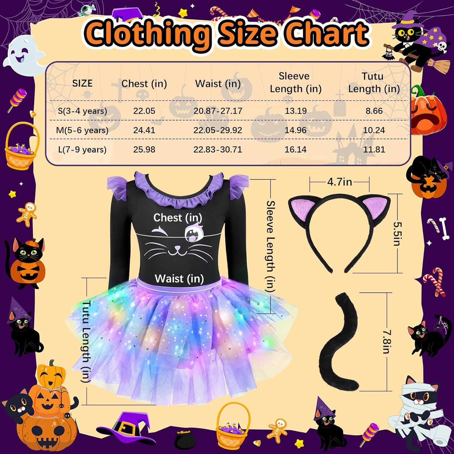 Cat Costume for Girls, Light up Black Cat Costume, Halloween Animal Dress up Costumes for Kids Age 3-9