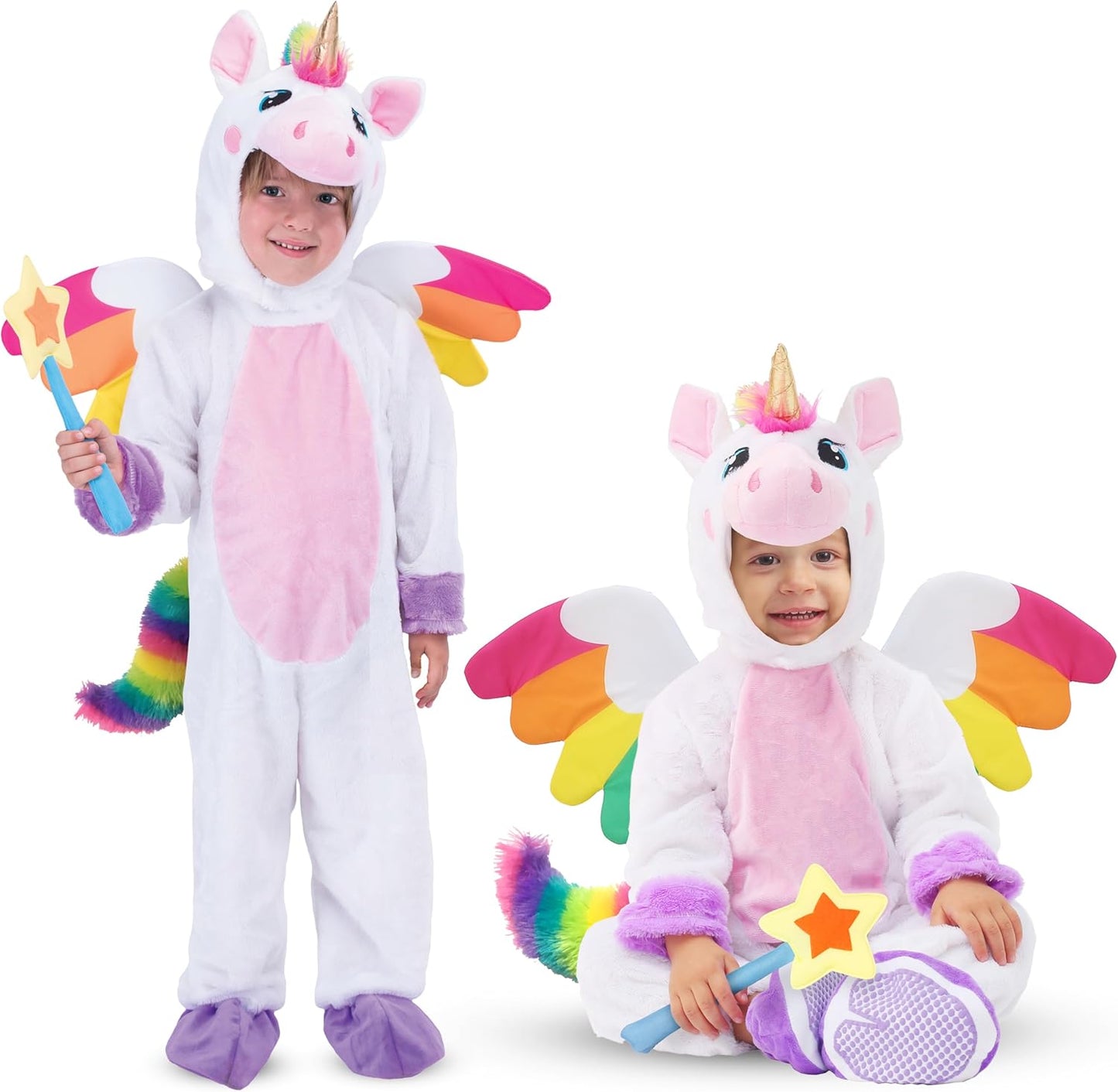 Unicorn Costume, Jumpsuit with Wings and Star Wand for Kids Halloween Dress up Party