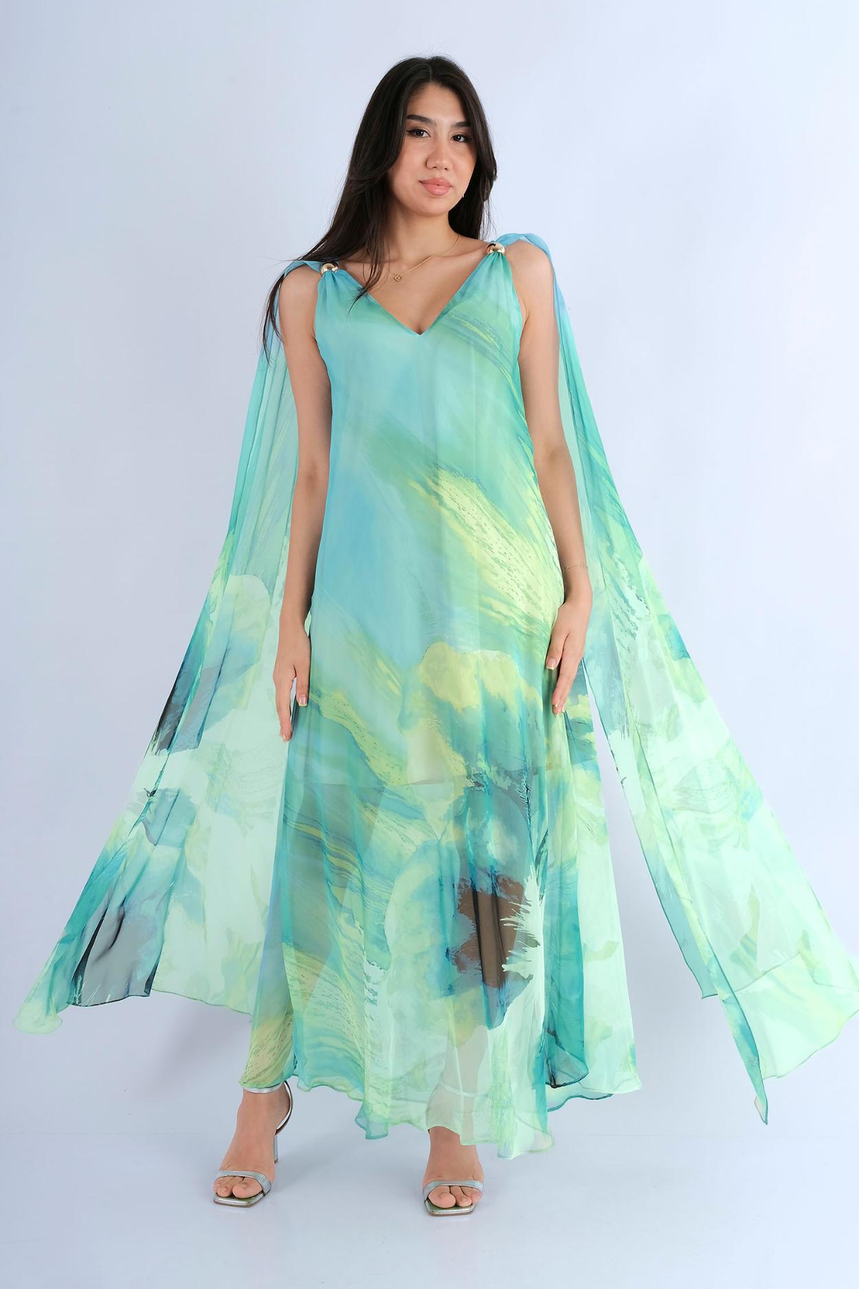 Robe longue fluide florale bretelles nouées - vue avant