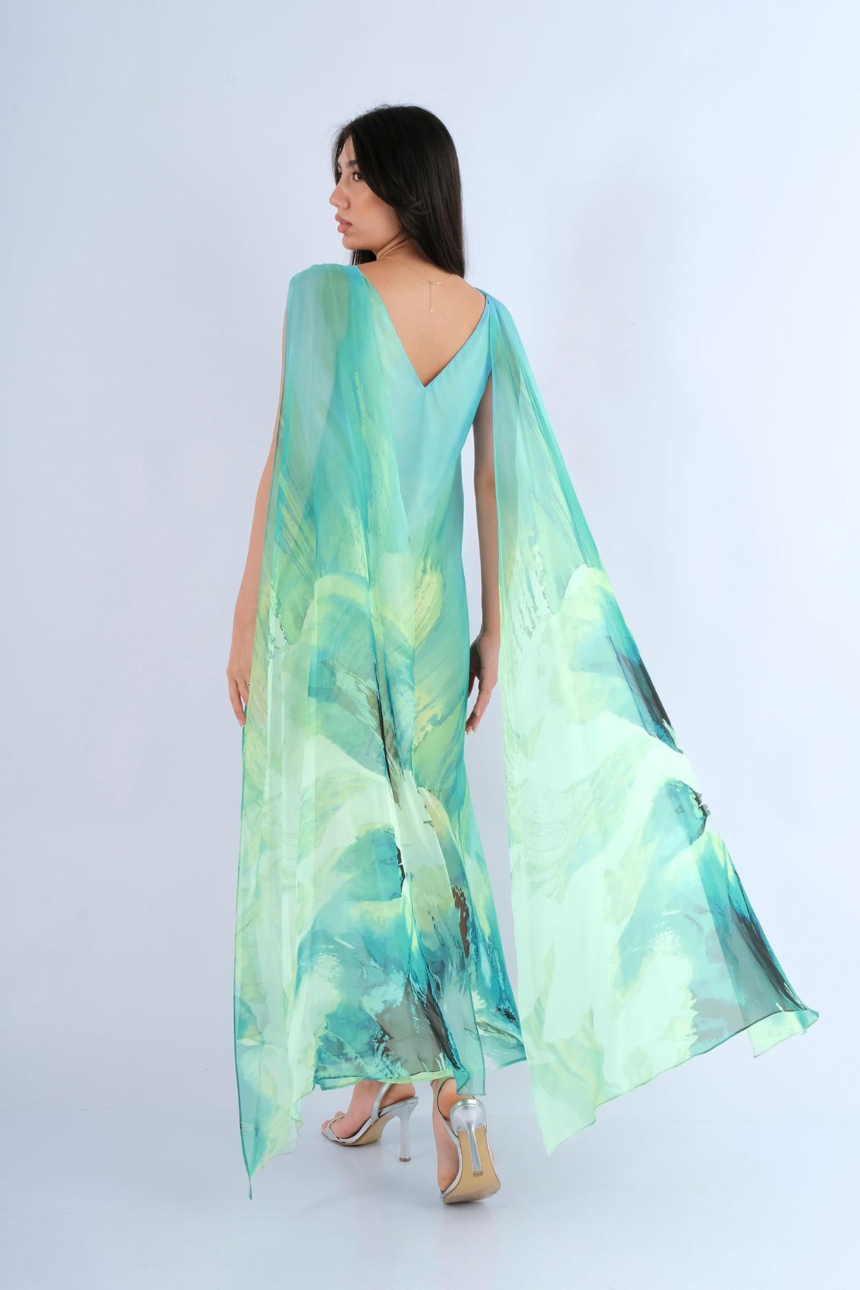 Robe longue fluide florale bretelles nouées - vue arrière