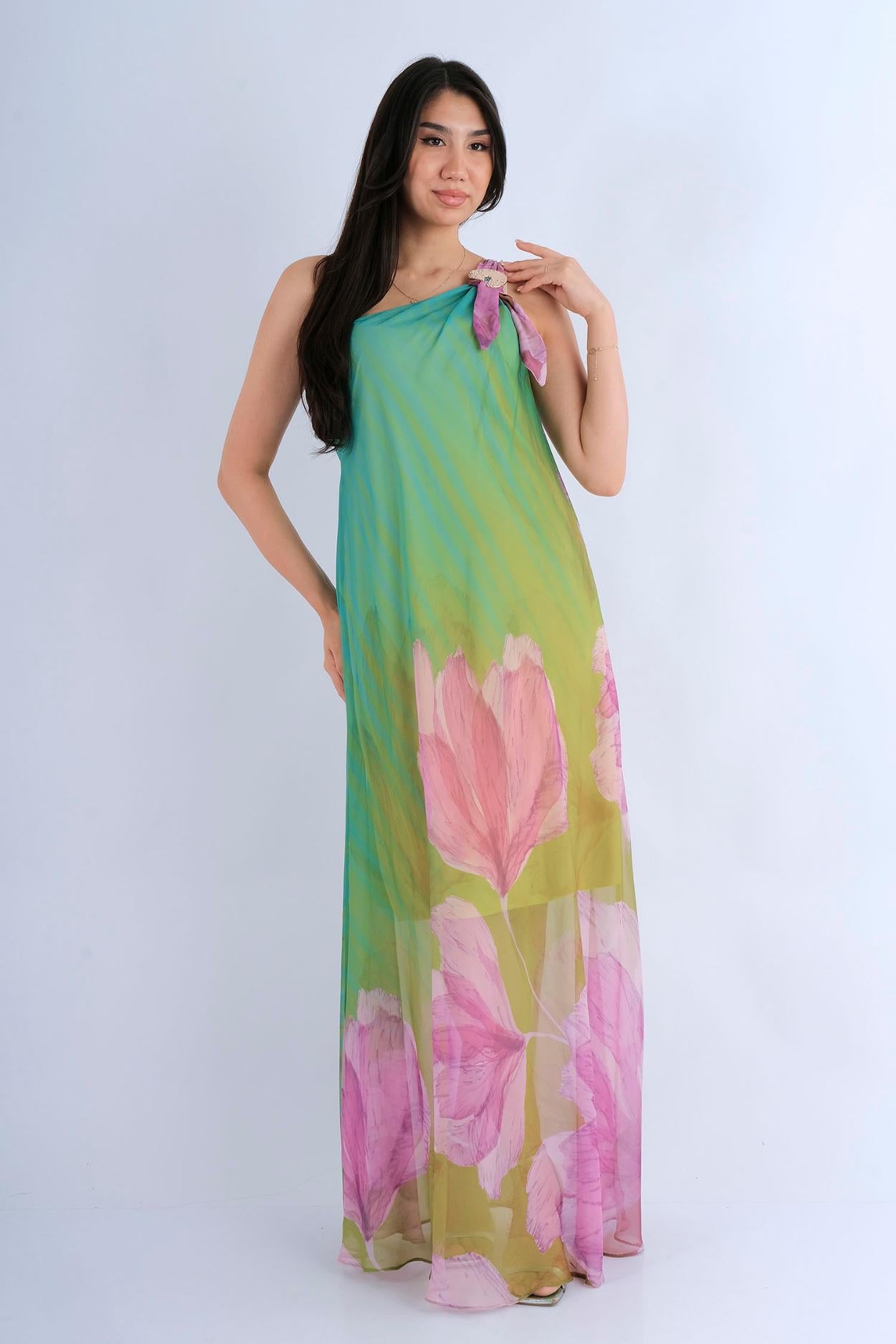 Robe longue florale asymétrique épaule unique - vue avant