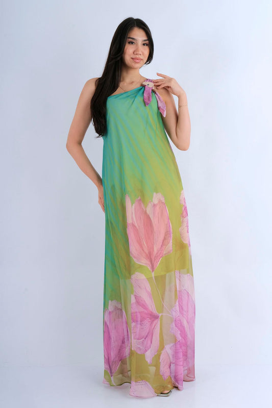 Robe longue florale asymétrique épaule unique - vue avant