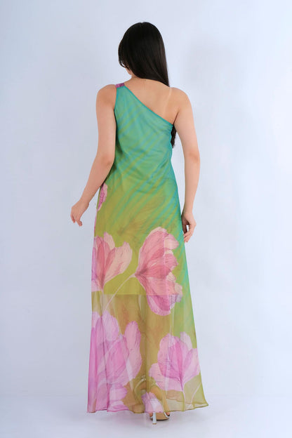 Robe longue florale asymétrique épaule unique - vue arrière