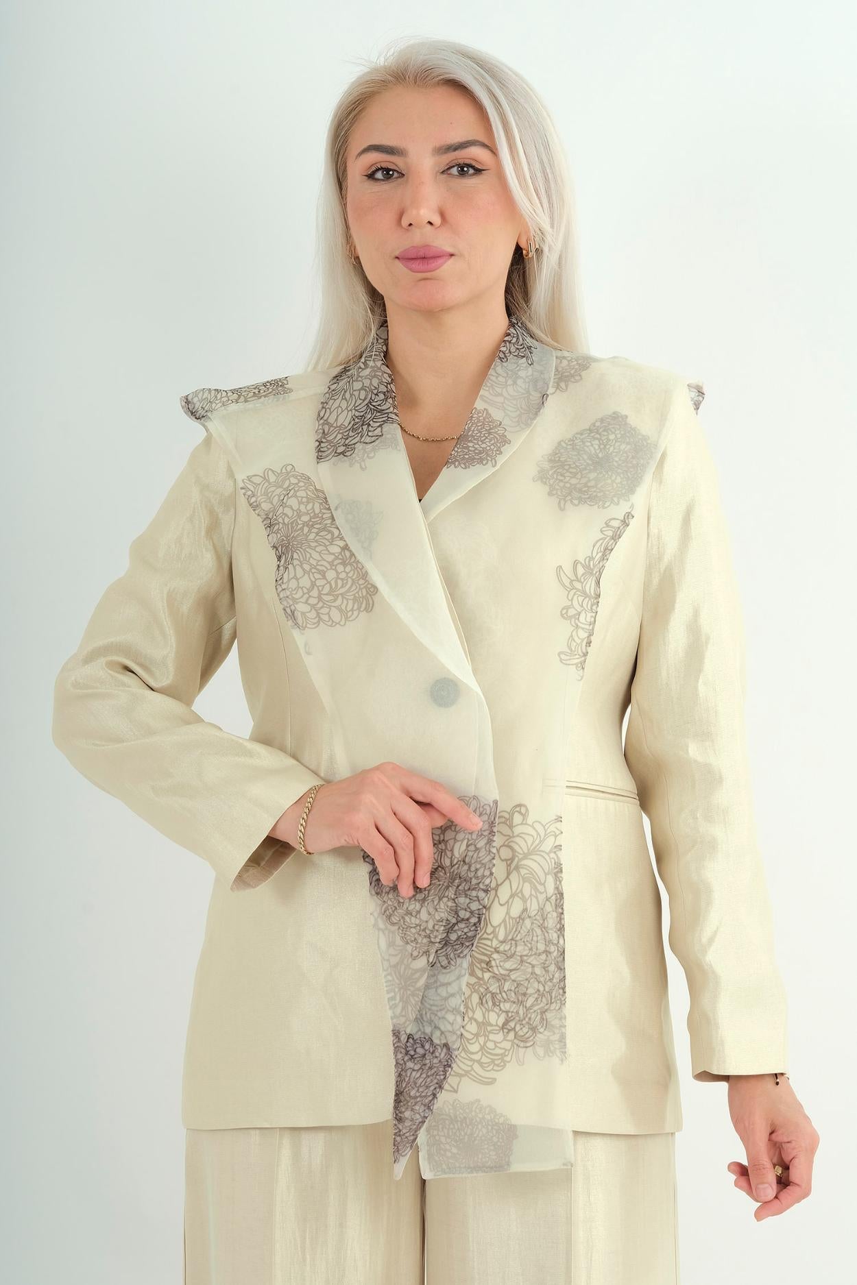 Blazer Col Mao Uni Bouton Doré — vue de face