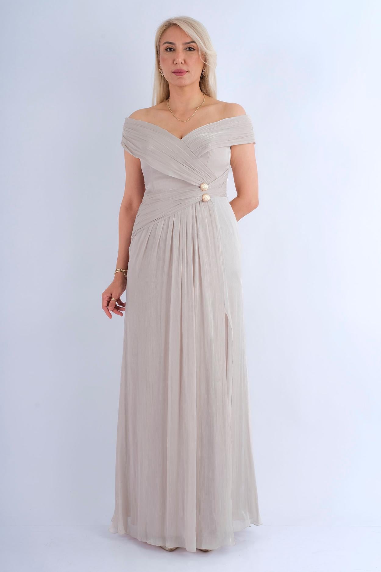 Robe longue off-shoulder plissée boucle perle - vue face