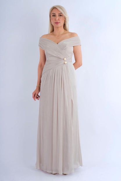Robe longue off-shoulder plissée boucle perle - vue face