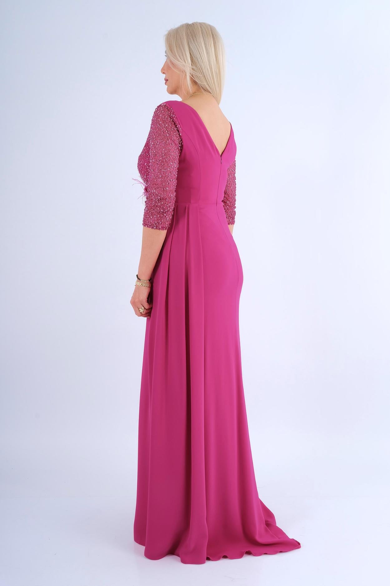 Robe longue col V croisé manches brodées cristaux - vue dos variante