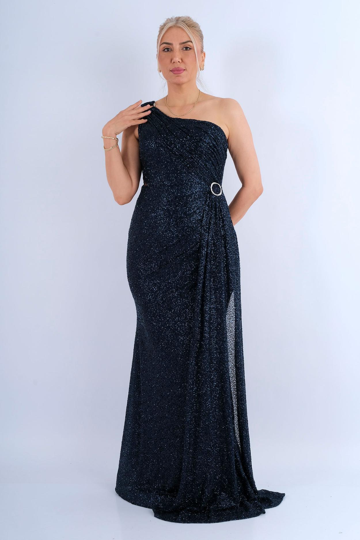 Robe longue col bénitier drapé brodé cristaux - vue face